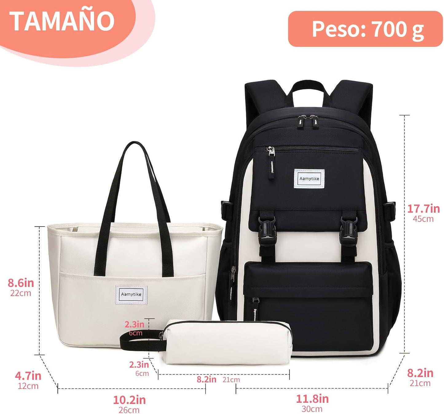 3-teiliges Schulrucksack Set, L ; Schwarz