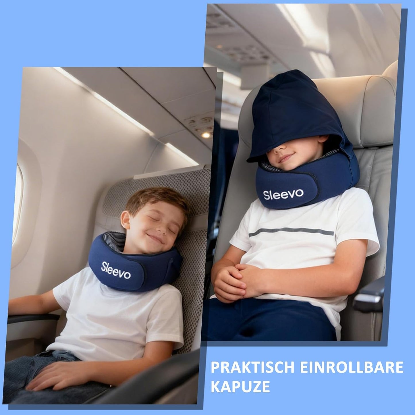 Kinder-Reisekissen mit Kapuze, Kinder Blau