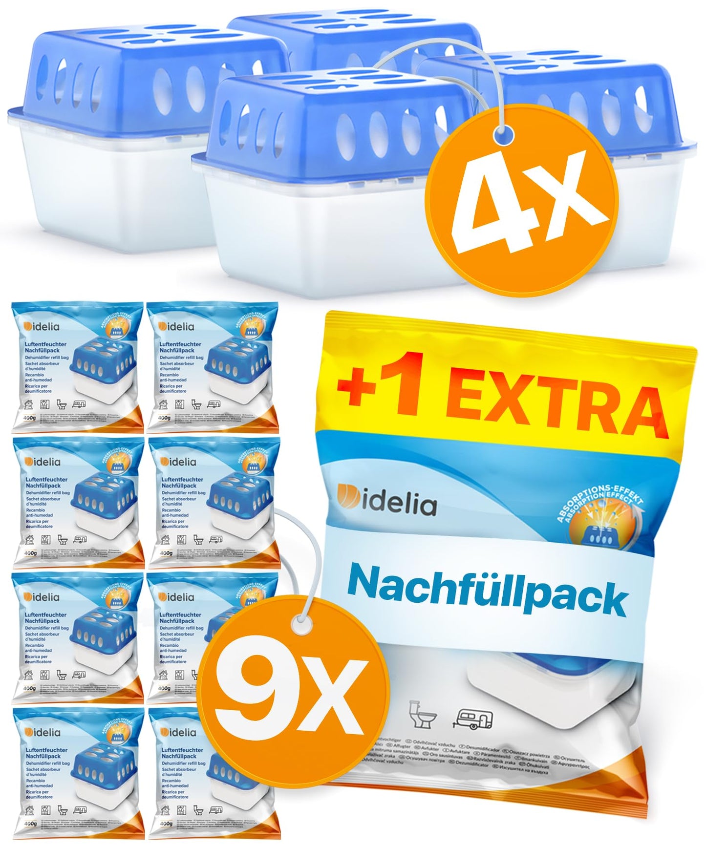 Luftentfeuchter mit Nachfüllpacks, 4x Luftentfeuchter + 9x Nachfüllpacks