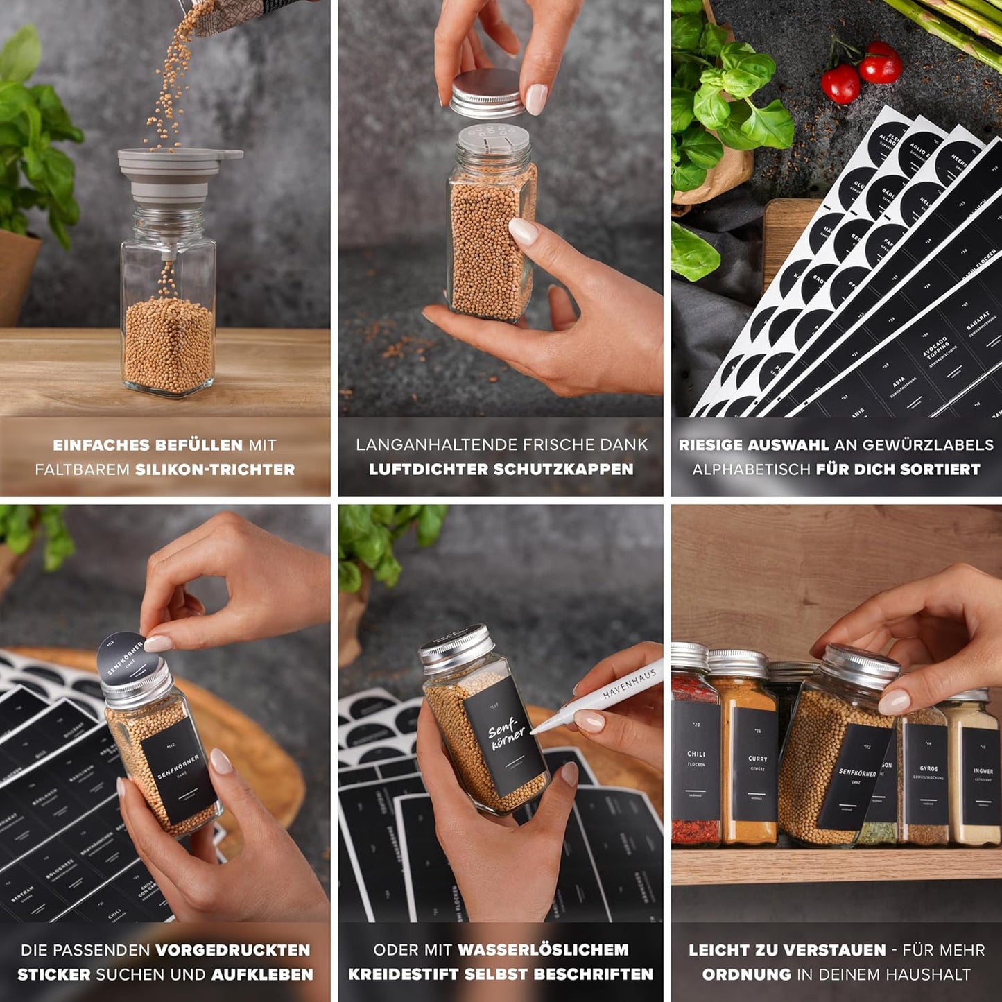 24er-Pack Gewürzgläser Set inkl. Zubehörset, 24 Gewürzgläser Aluminium