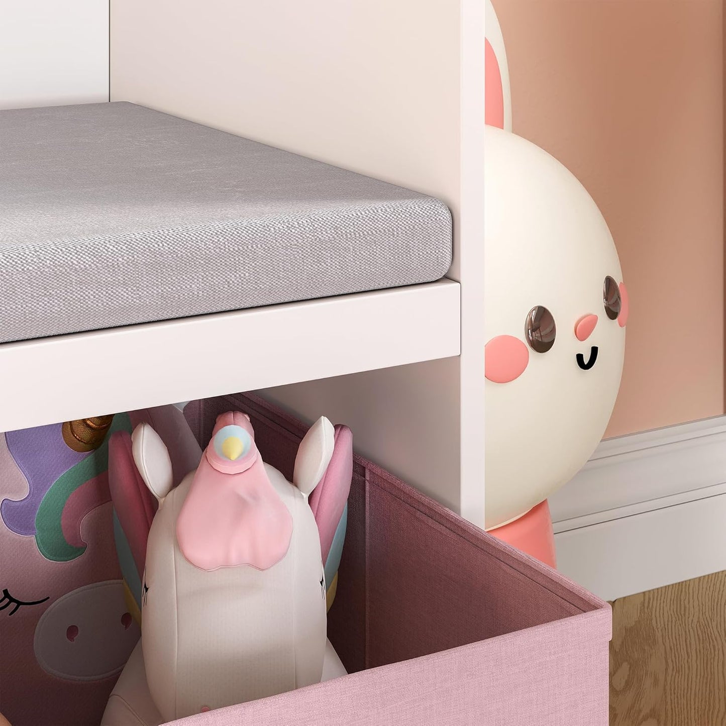 Kinderregal mit Sitzbank und Aufbewahrungsboxen, Weiss / Rosa