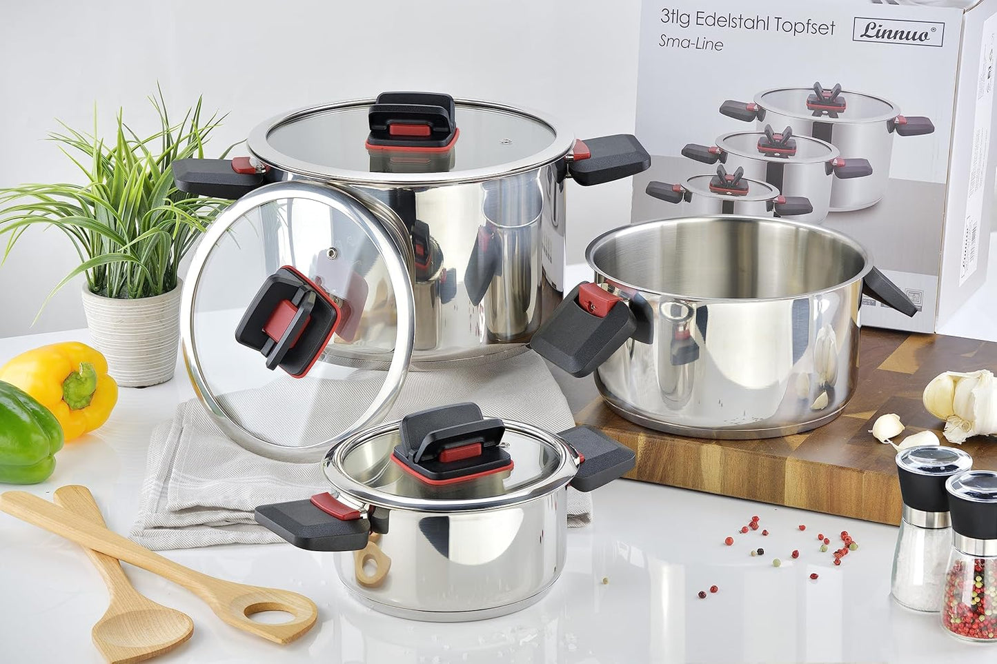 Induktions-Kochtopfset mit Glasdeckel (3-tlg)