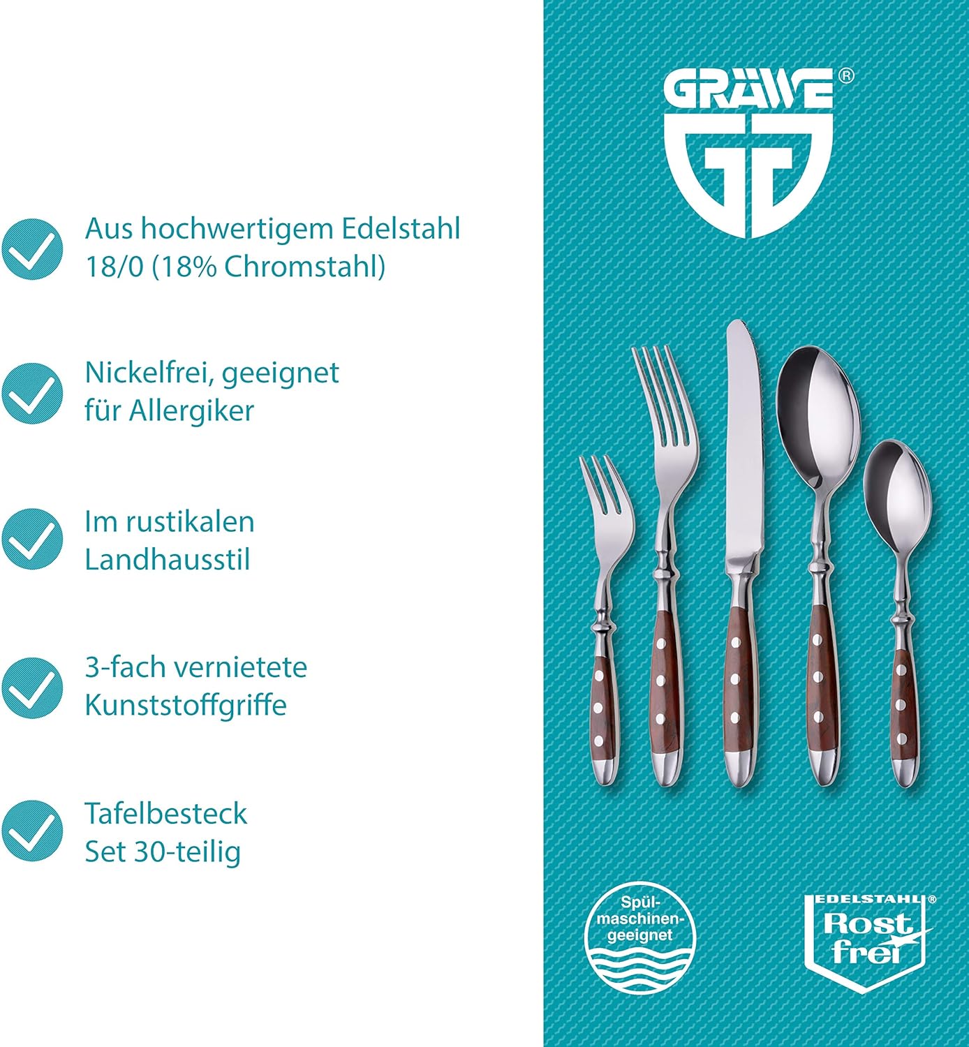 Tafelbesteck Set für 6 Personen (30-teilig), Braune Griffe ; 30-teilig | 6 Personen