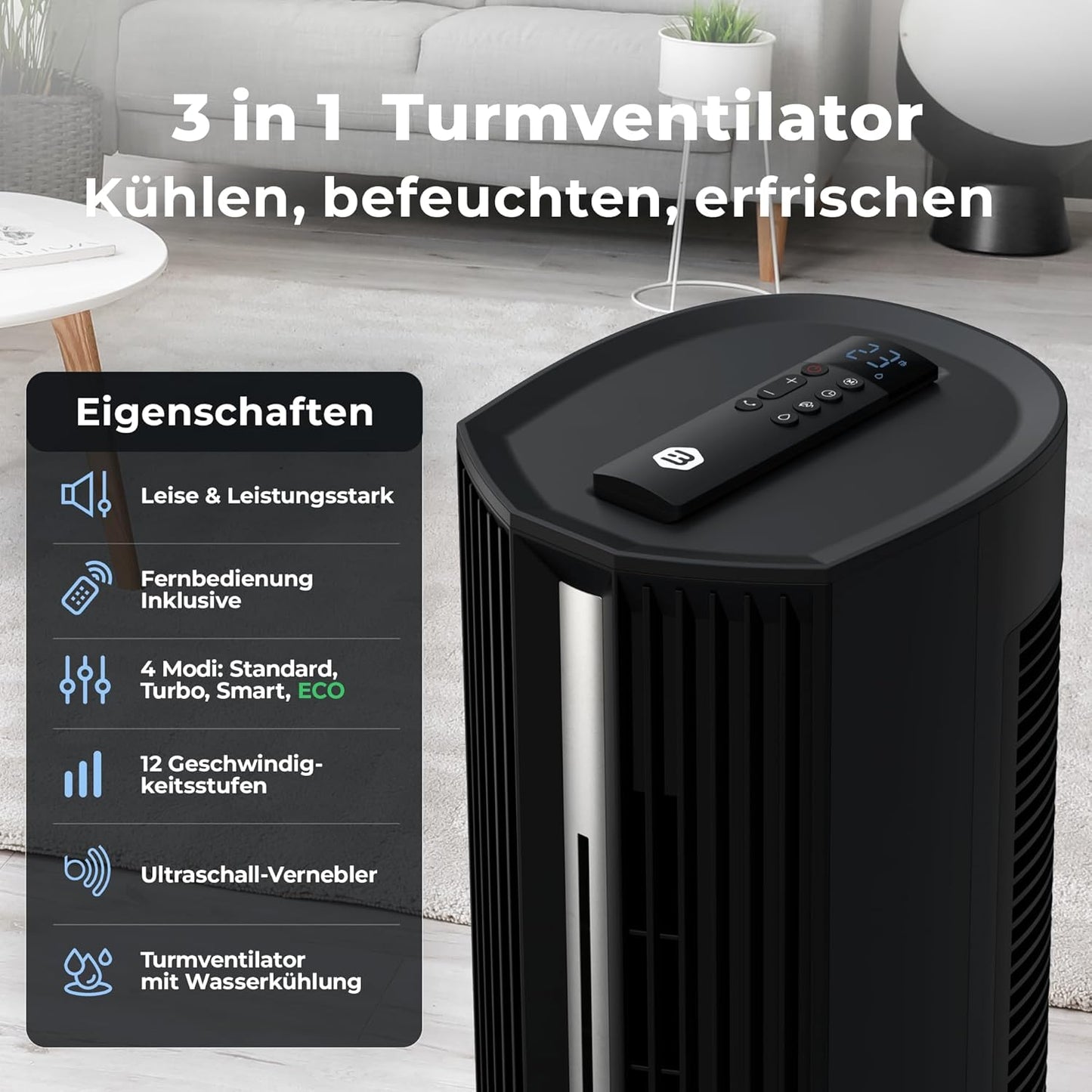5-in-1 Turmventilator mit Wasserkühlung, VT-11-BL, Premium Black 5 Liter