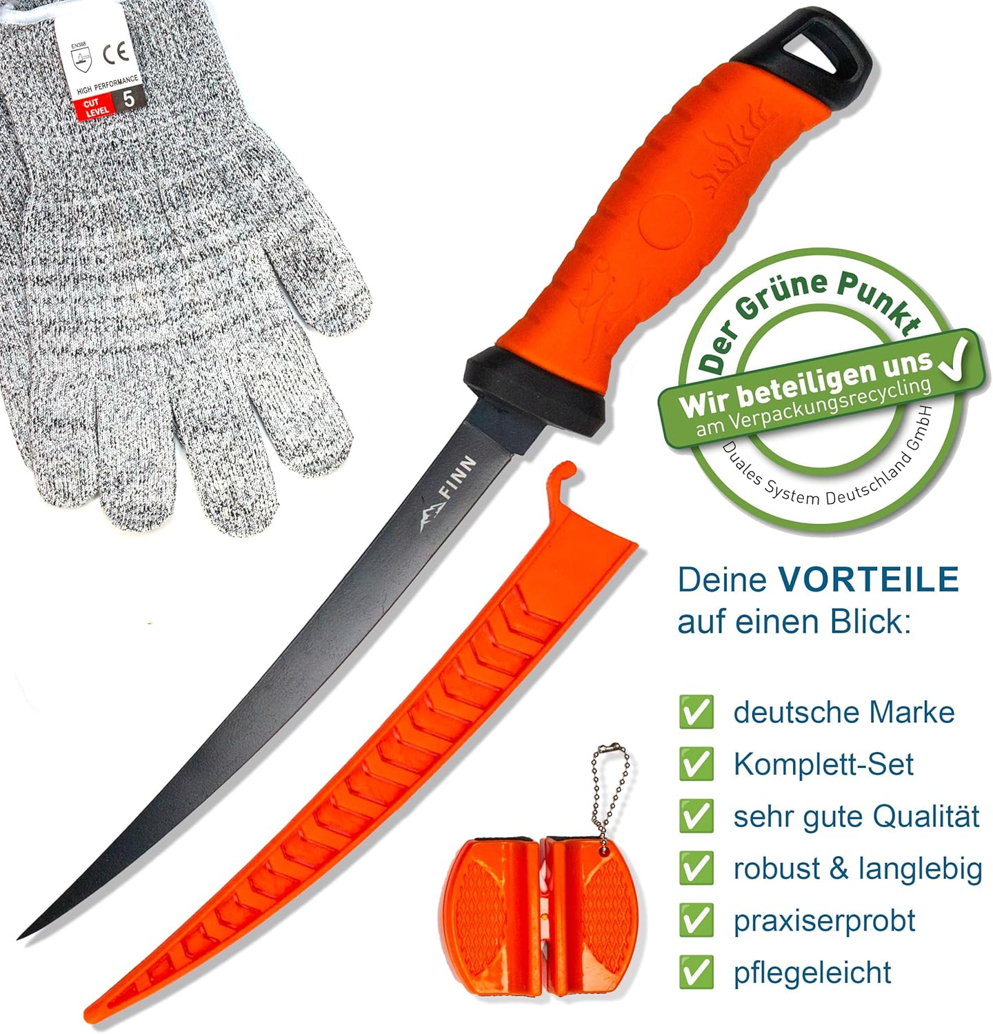 Filetiermesser-Set mit Messerschärfer & Handschuhen, Orange
