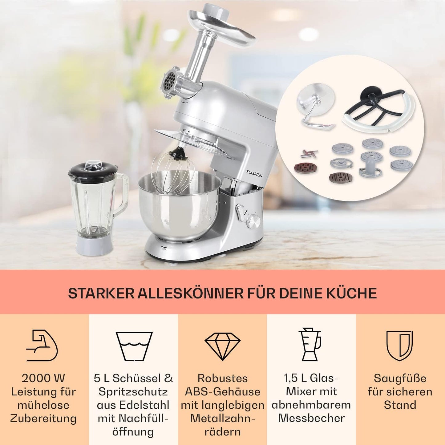 Küchenmaschine mit Fleischwolf und Mixer, Classic Silber