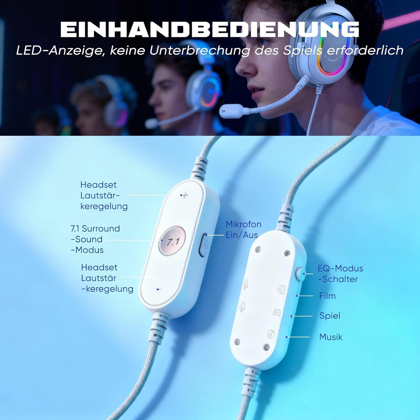 Gaming Headset mit Mikrofon, Surround Sound, USB, Weiss