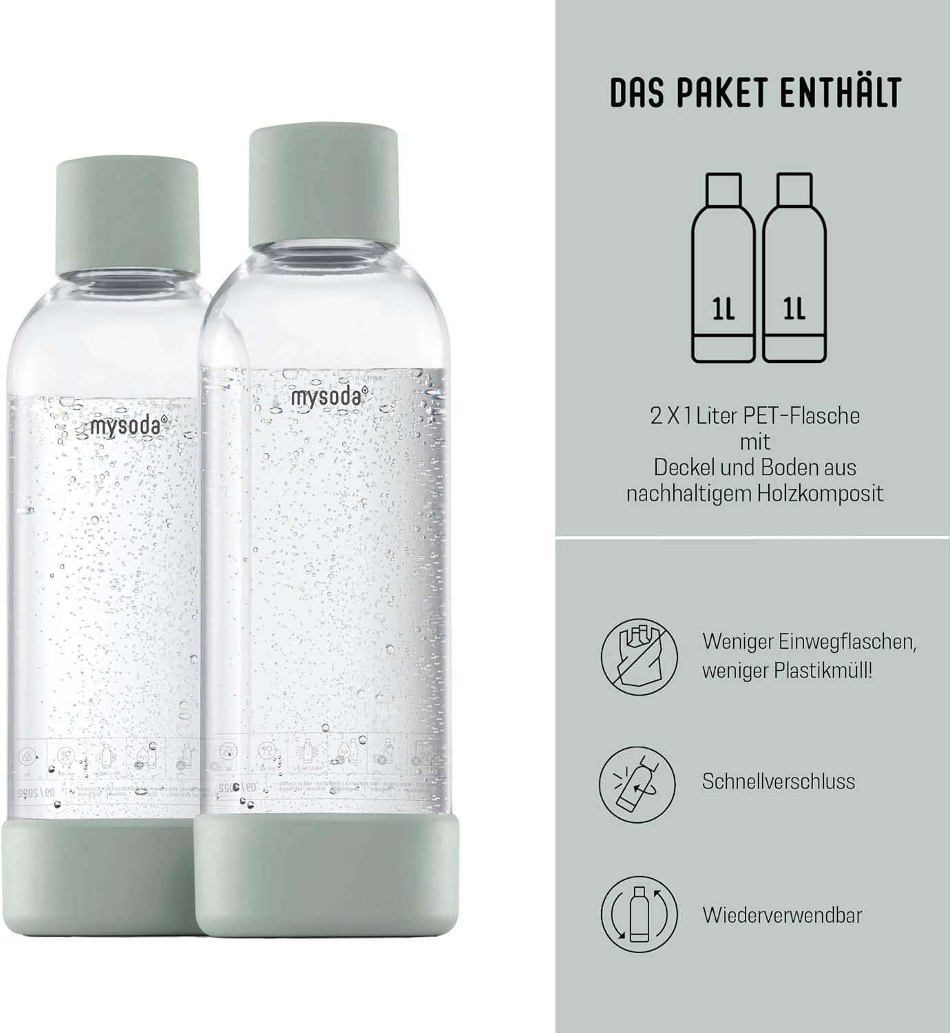 2-teiliges Wasserflaschen-Set für Wassersprudler, Salbeigrün 1000 ml