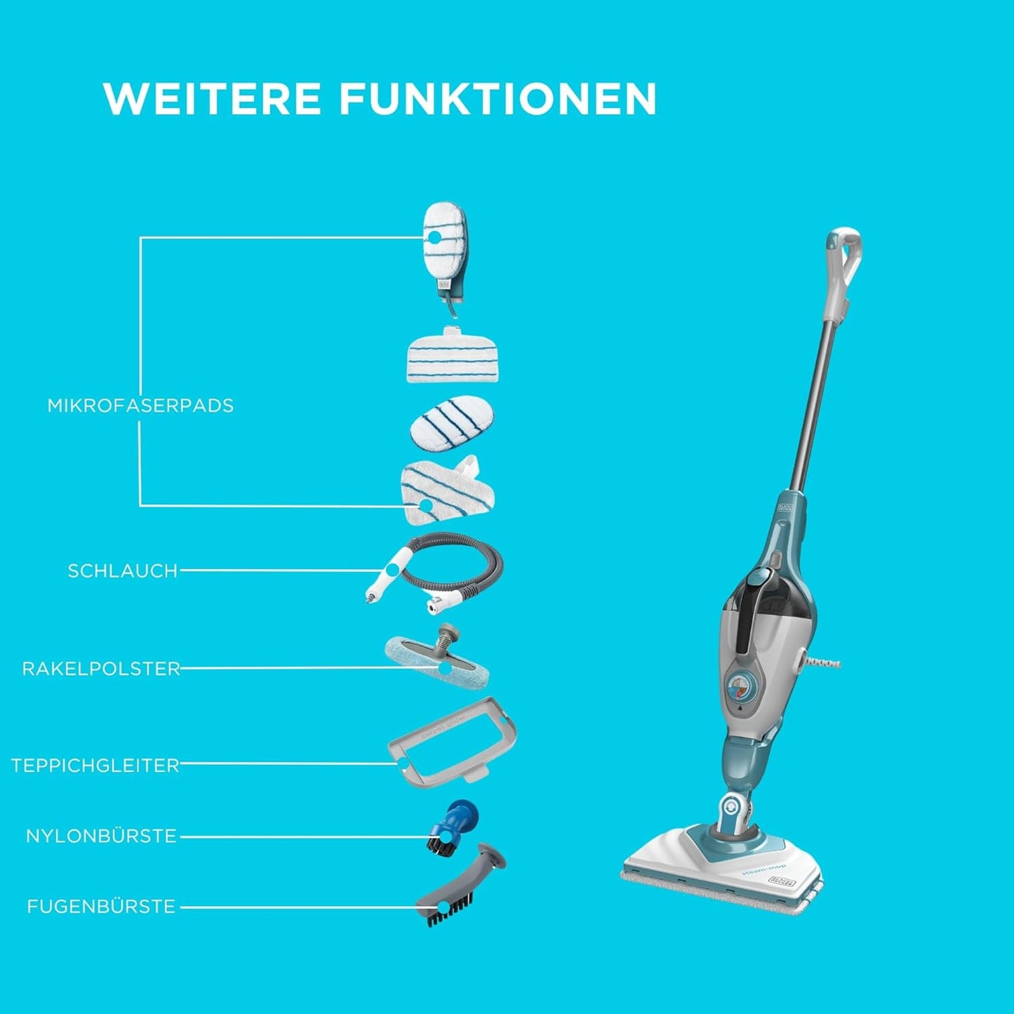 2-in-1 Dampfmopp mit Handreiniger und 11 Zubehörteilen