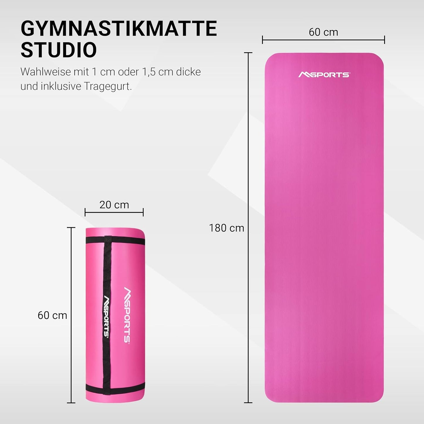 Gymnastikmatte Studio mit Übungsposter und Tragegurten, Pastellpink 183 x 61 x 1,5 cm