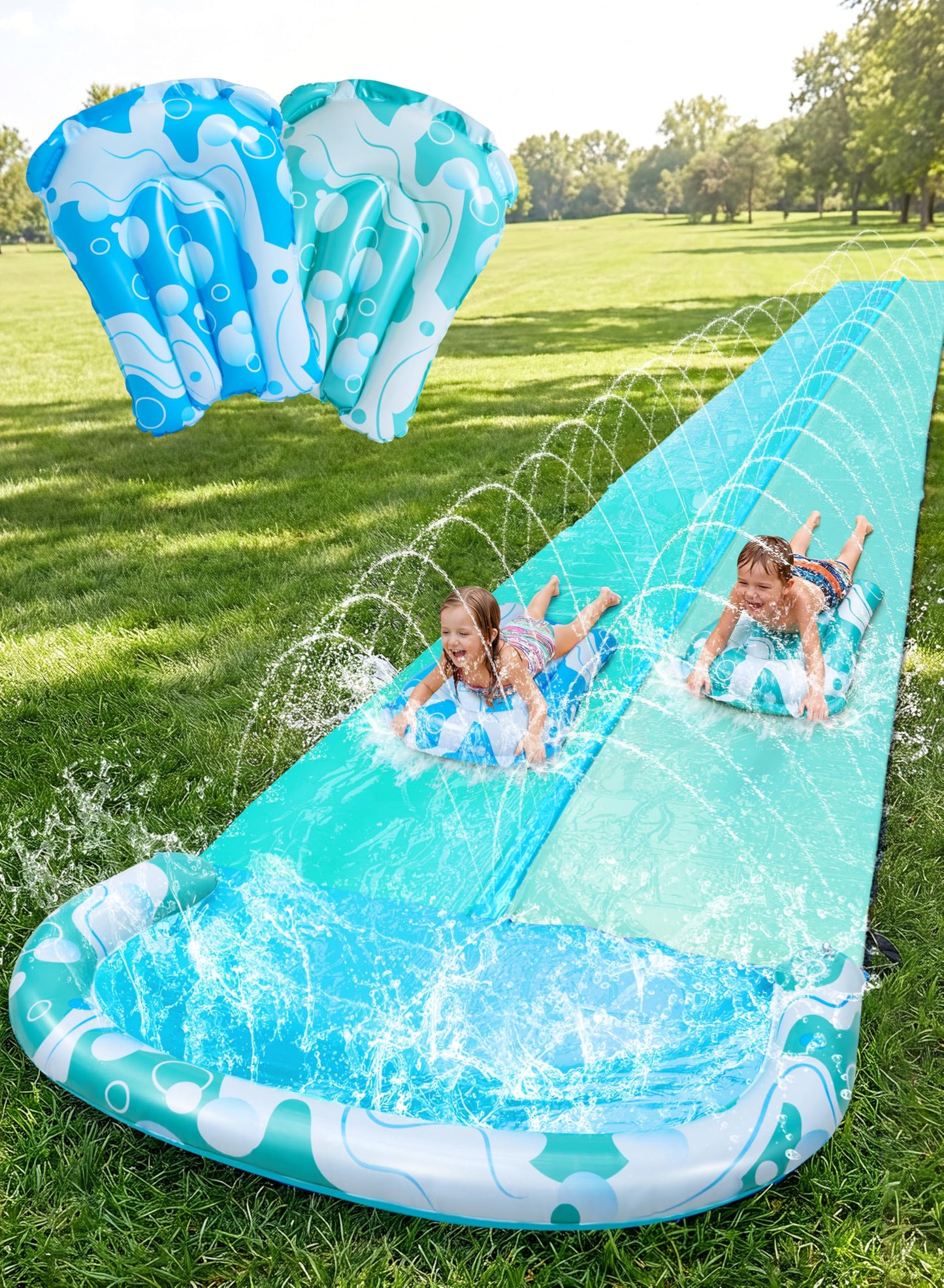 Doppel-Wasserrutsche mit Sprinkler und Bodyboards, 990,6 cm Blau, Hellblau