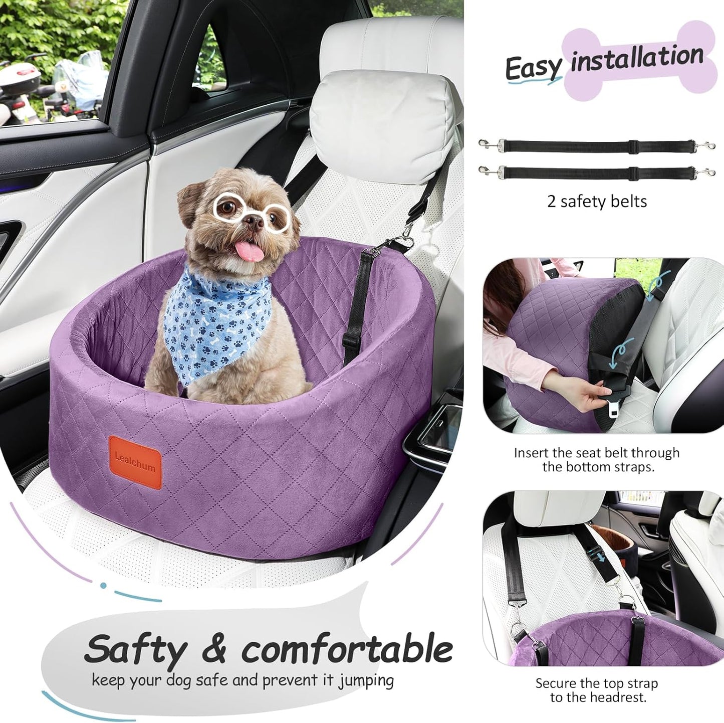 Bequemer Haustier-Autositz mit Sicherheitsleinen, Purple Small