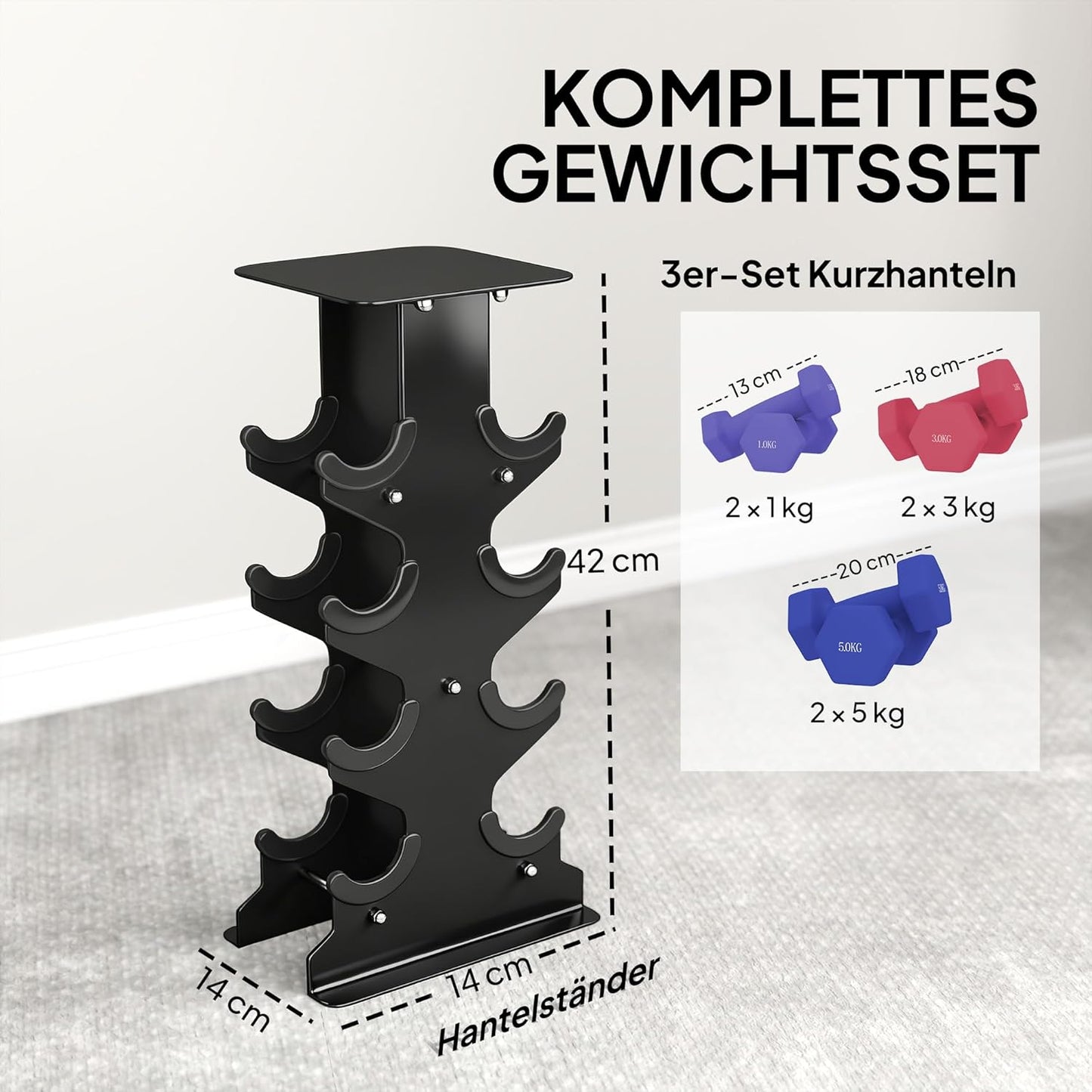 Hantelset mit Aufbewahrungsständer, Violett+Rosa+Blau 18 kg