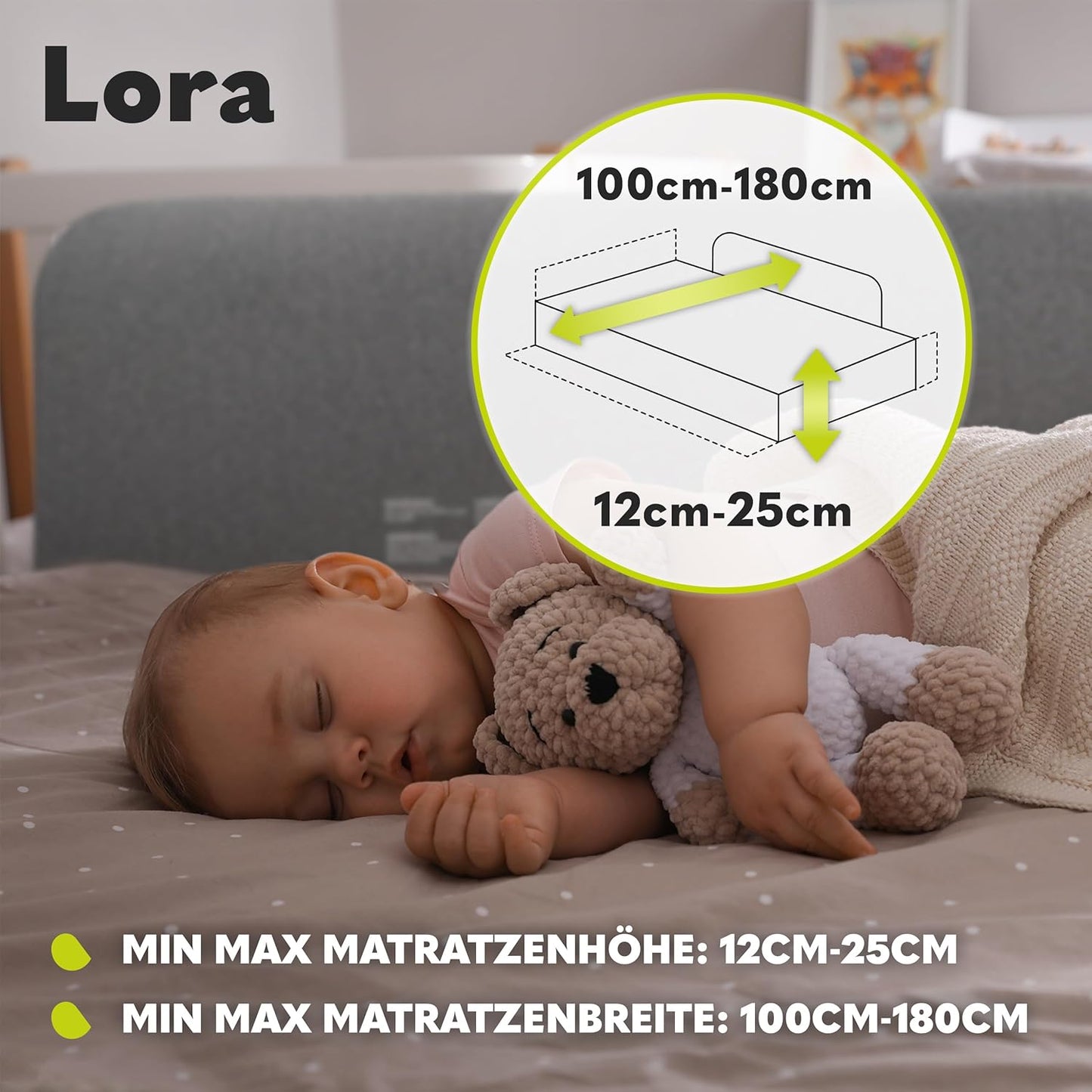 Lora - Tragbares Bettschutzgitter, Grau Stein 45 CM - 105 CM