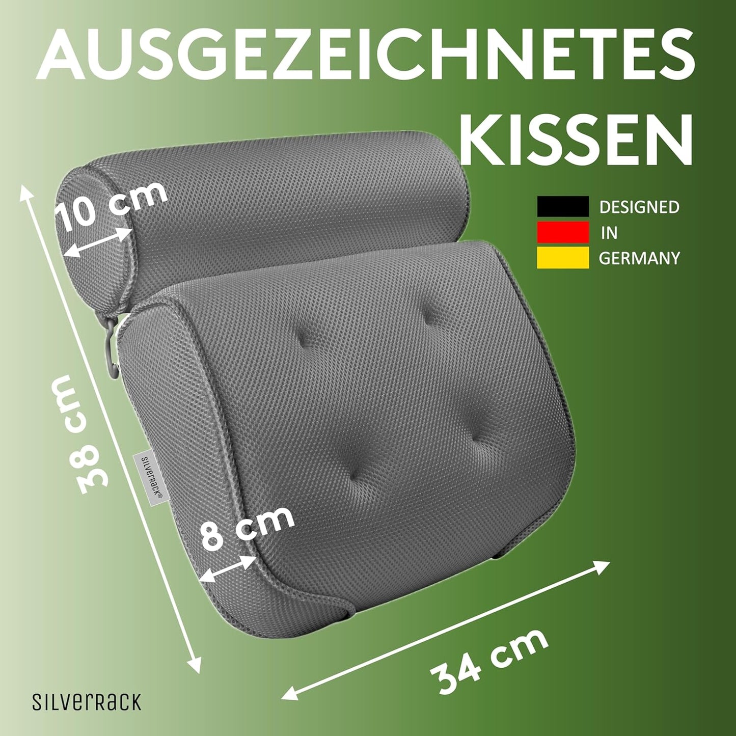 Ergonomisches Badewannenkissen mit Saugnäpfen, 3D Grau