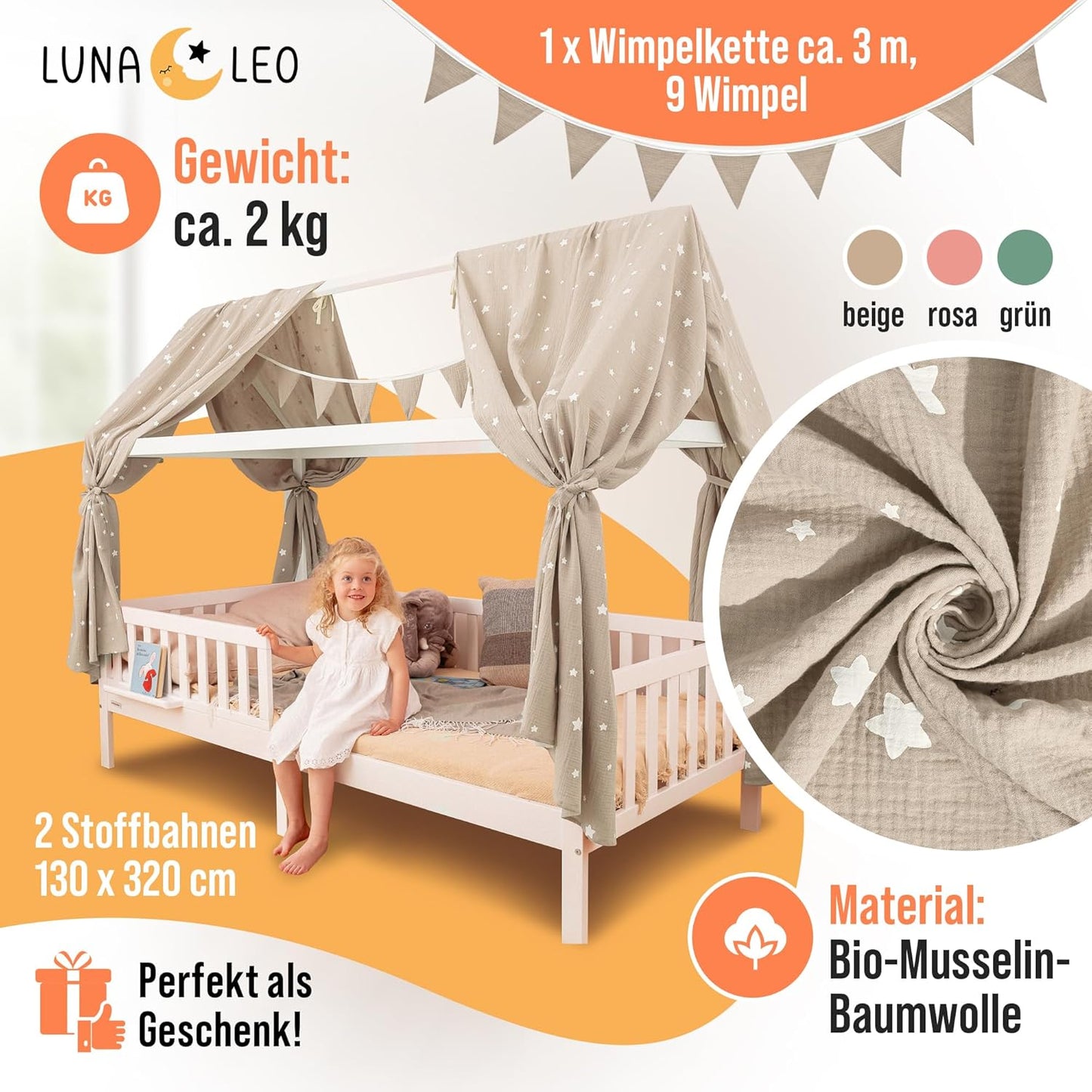 Hausbett Himmel-Set mit Sternendruck und Wimpelkette, Beige Sterne H320 x B130 cm (2er Set)