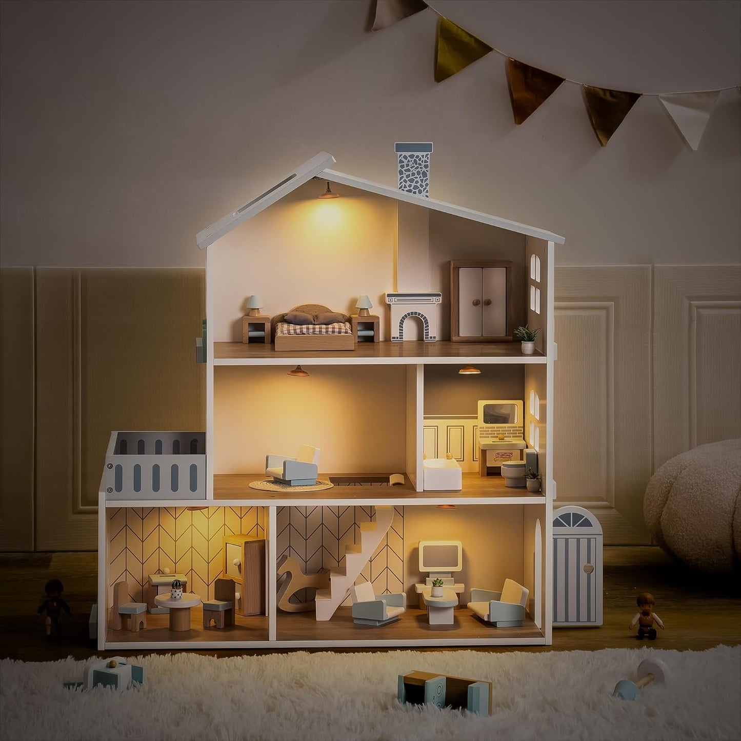 Möbiliertes Puppenhaus mit Lichtern und 3 Etagen, Modern