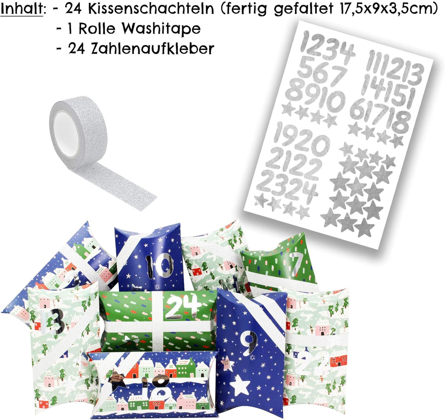 Adventskalender Pillowboxen-Set, Blue Green With House Pattern