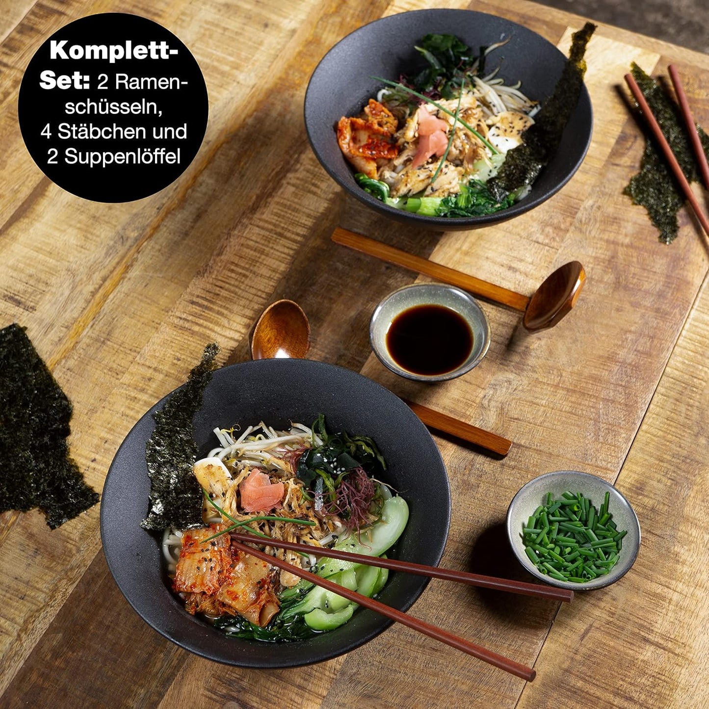 Ramenschüssel-Set mit Stäbchen und Löffel, 2x Schale Schwarz