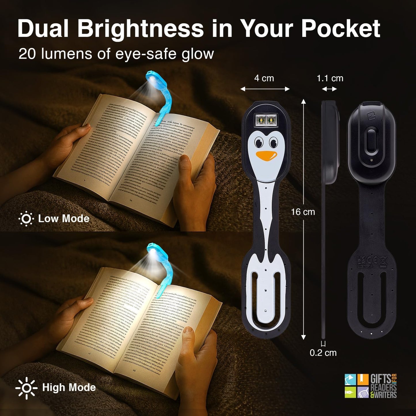 Flexilight 2-in-1 Clip On Leselampe & Lesezeichen, wiederaufladbar, Puinguin