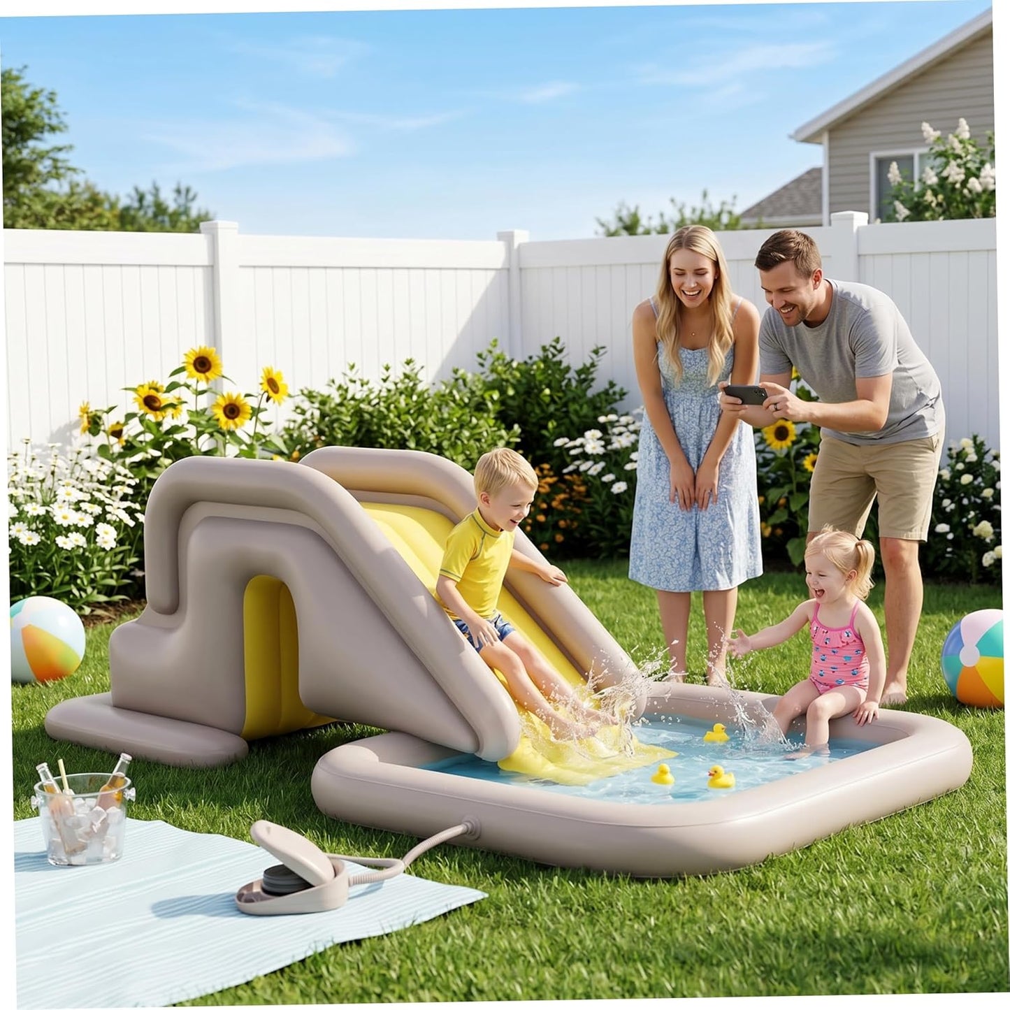 Aufblasbare Poolrutsche mit Fusspumpe, Khaki