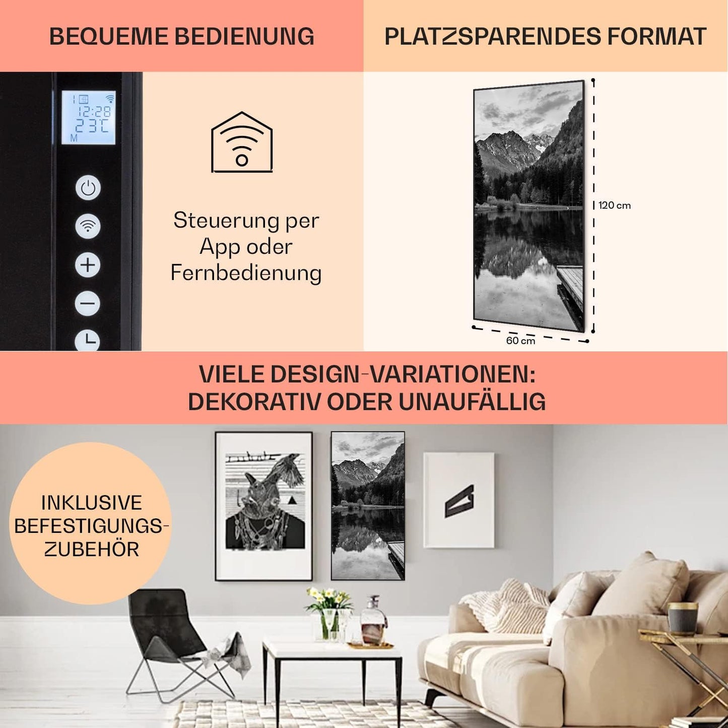 Infrarotheizung mit Thermostat und App-Steuerung, 60 x 120 cm/ 700 W See Schwarz - Weiss Schwarz