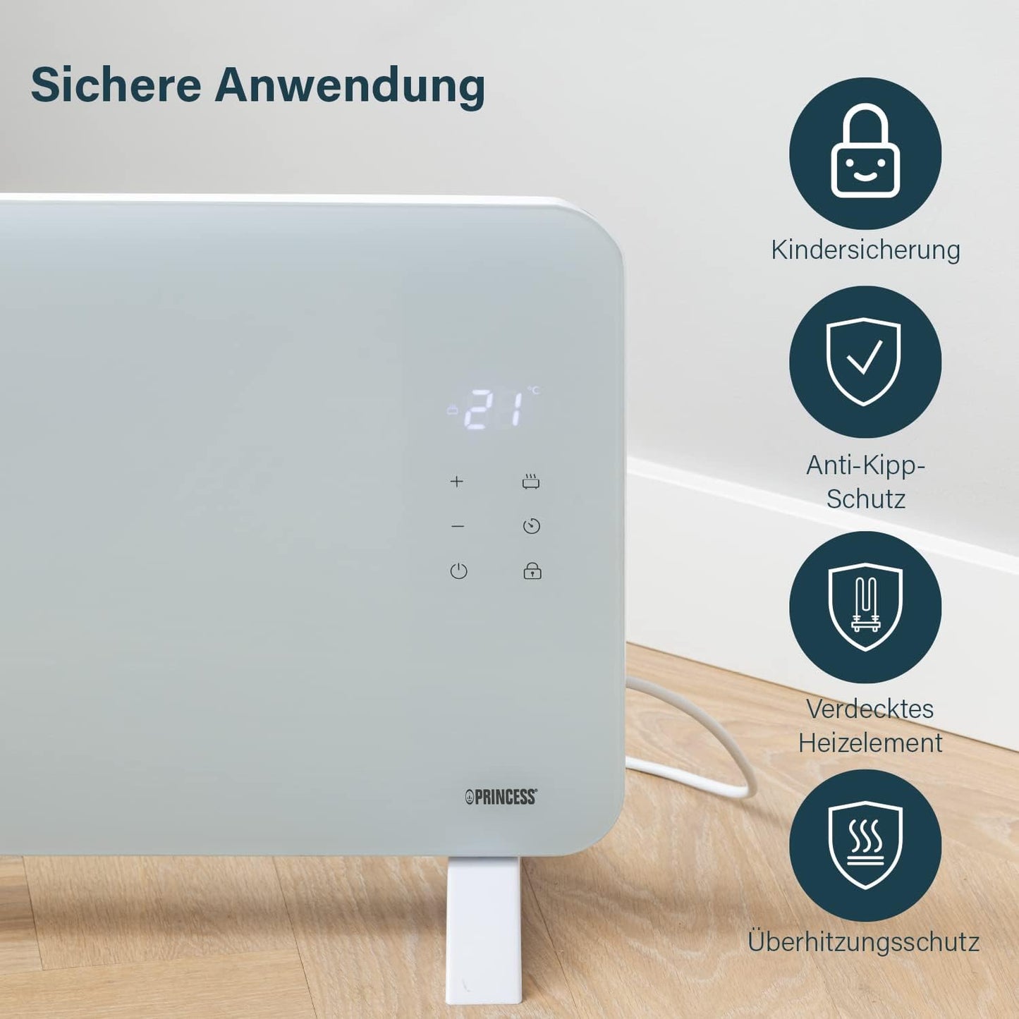 Smarte Konvektorheizung mit App-Steuerung, 2000W Weiss