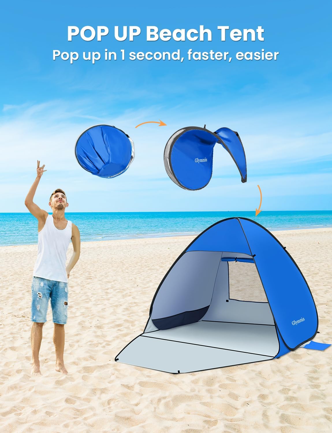 Pop-Up Strandzelt mit UV-Schutz und Reissverschlusstür, Blau für 1–2 Personen