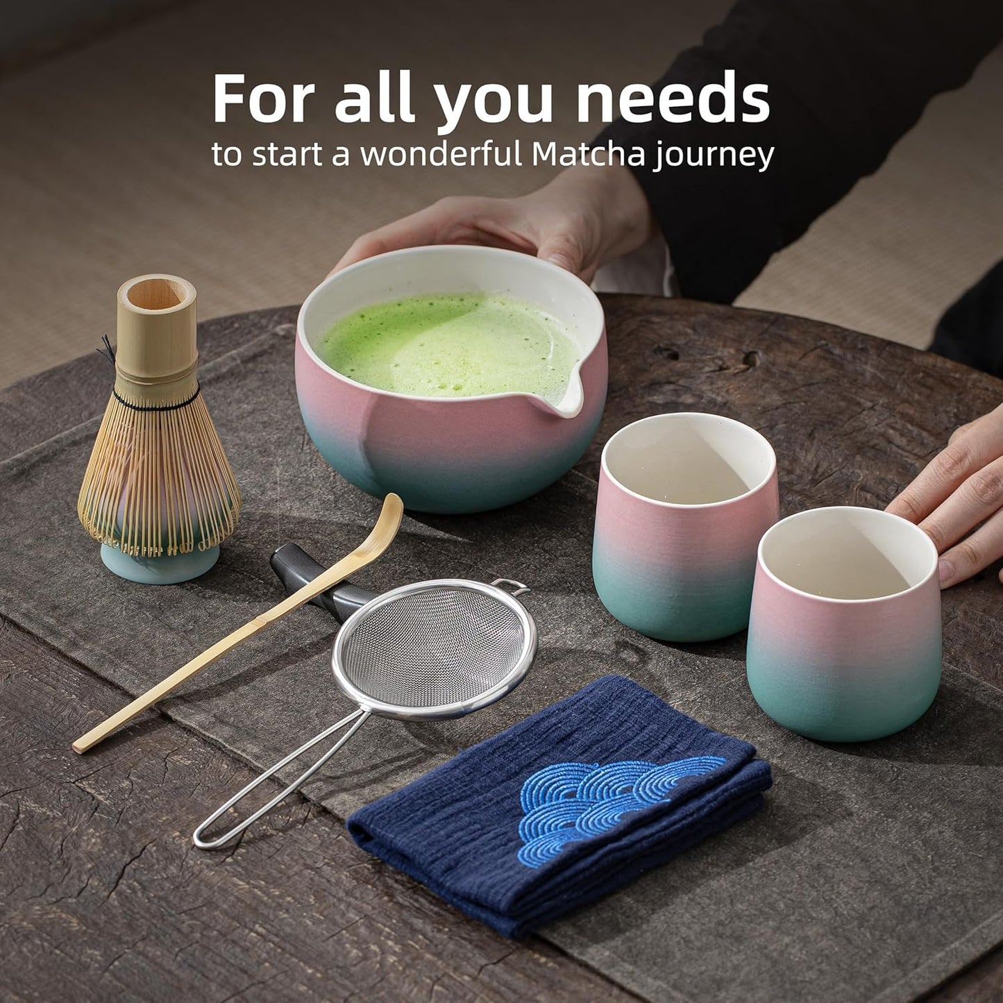 9-teiliges Matcha Tee-Set mit Zubehör, 9Stück/Set, Schüssel-Set + 2 Tassen Grün Grident Pink-