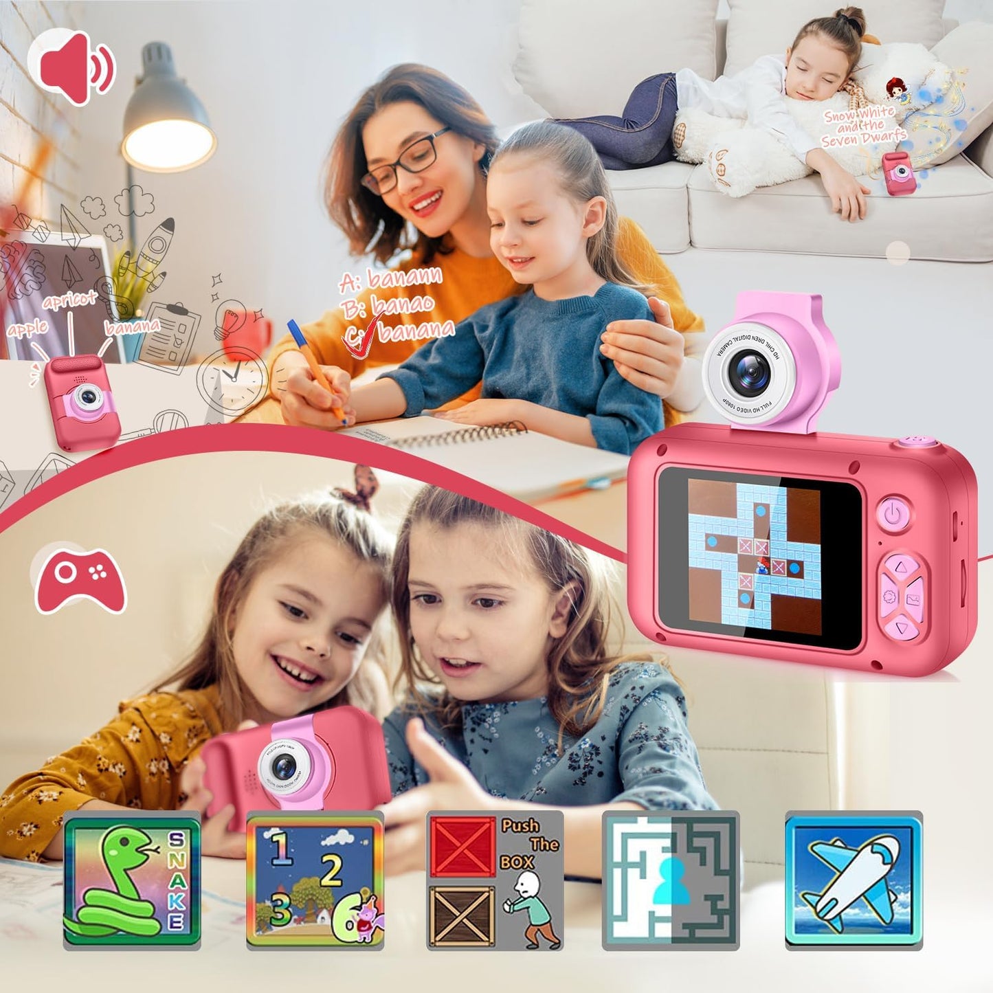 Kinderkamera mit 180° Flip-Objektiv & IPS-Bildschirm, Rosenrot