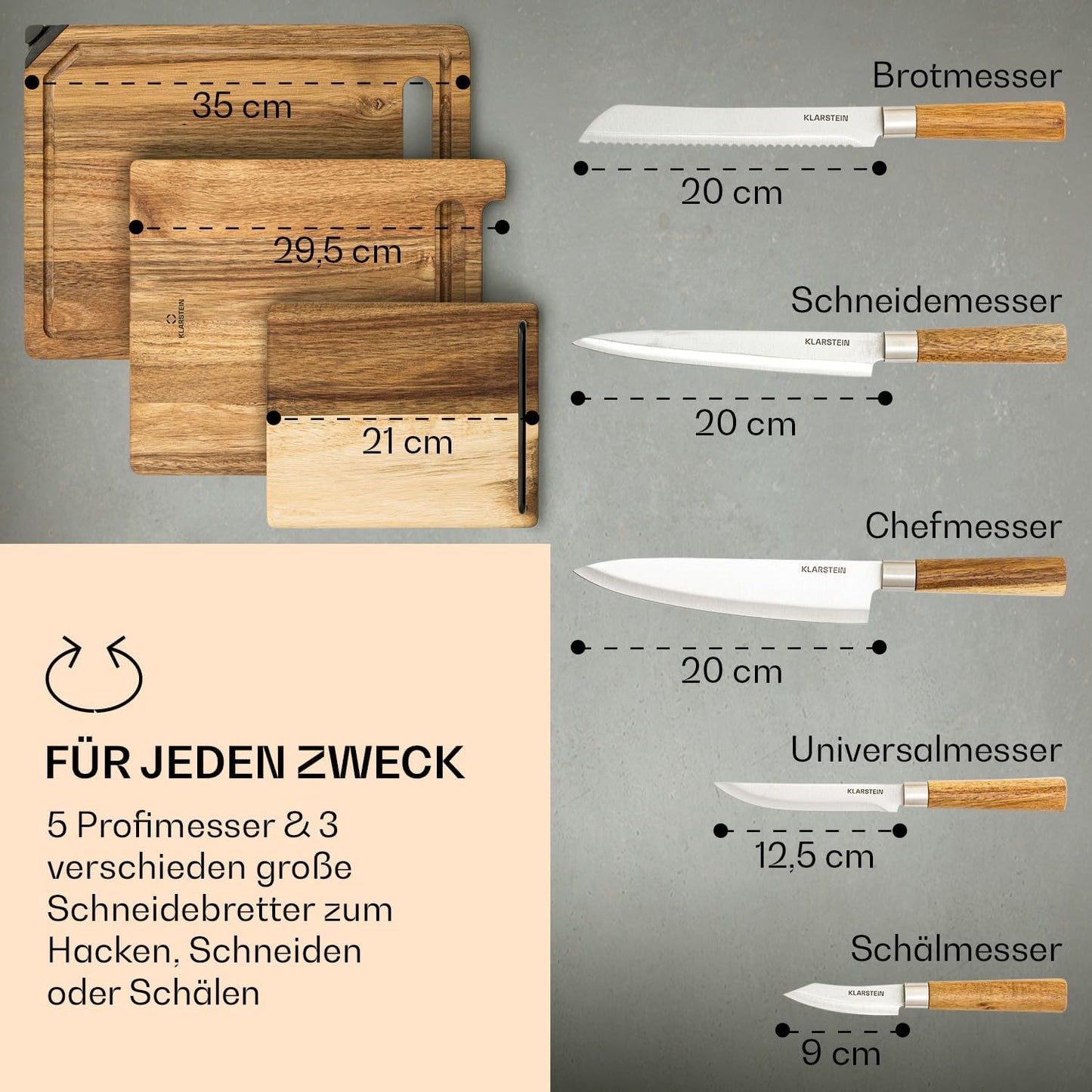 5-teiliges Küchenmesser-Set mit Messerblock und Schneidebretter