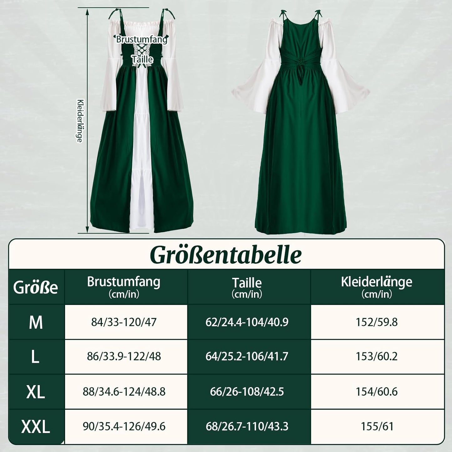Renaissance Damenkleid mit Kapuze und Langarm, Grün XL