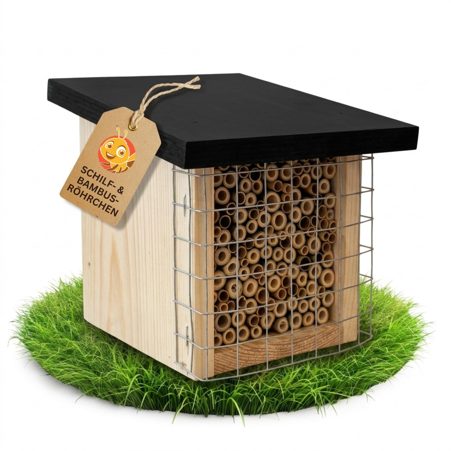 Insektenhotel mit Vogelschutzgitter & Multiplex Dach, Bambus & Schilf + Multiplex Dach
