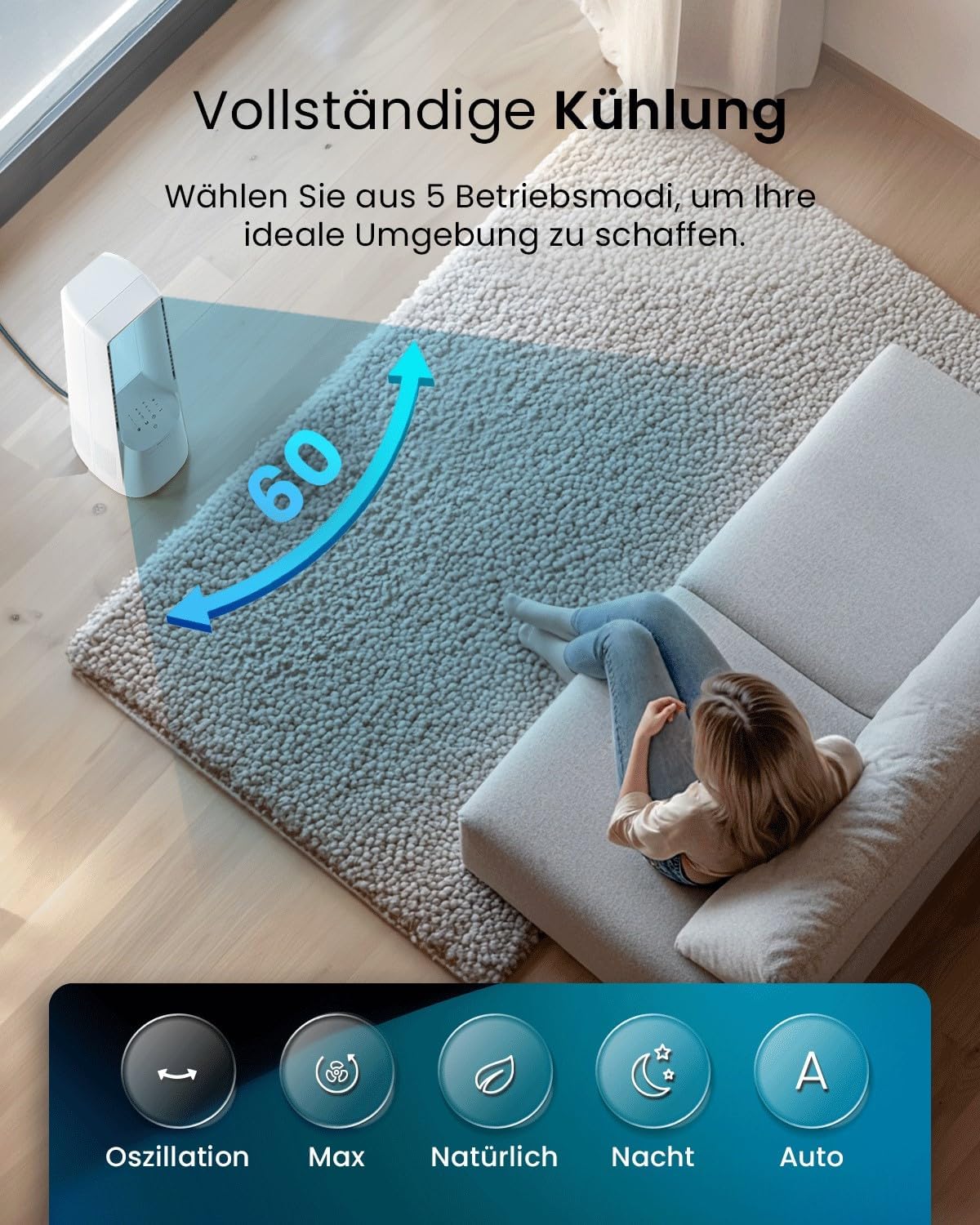 Rotorloser Smart Home Turmventilator mit WLAN, LED Display, Smart App Weiß