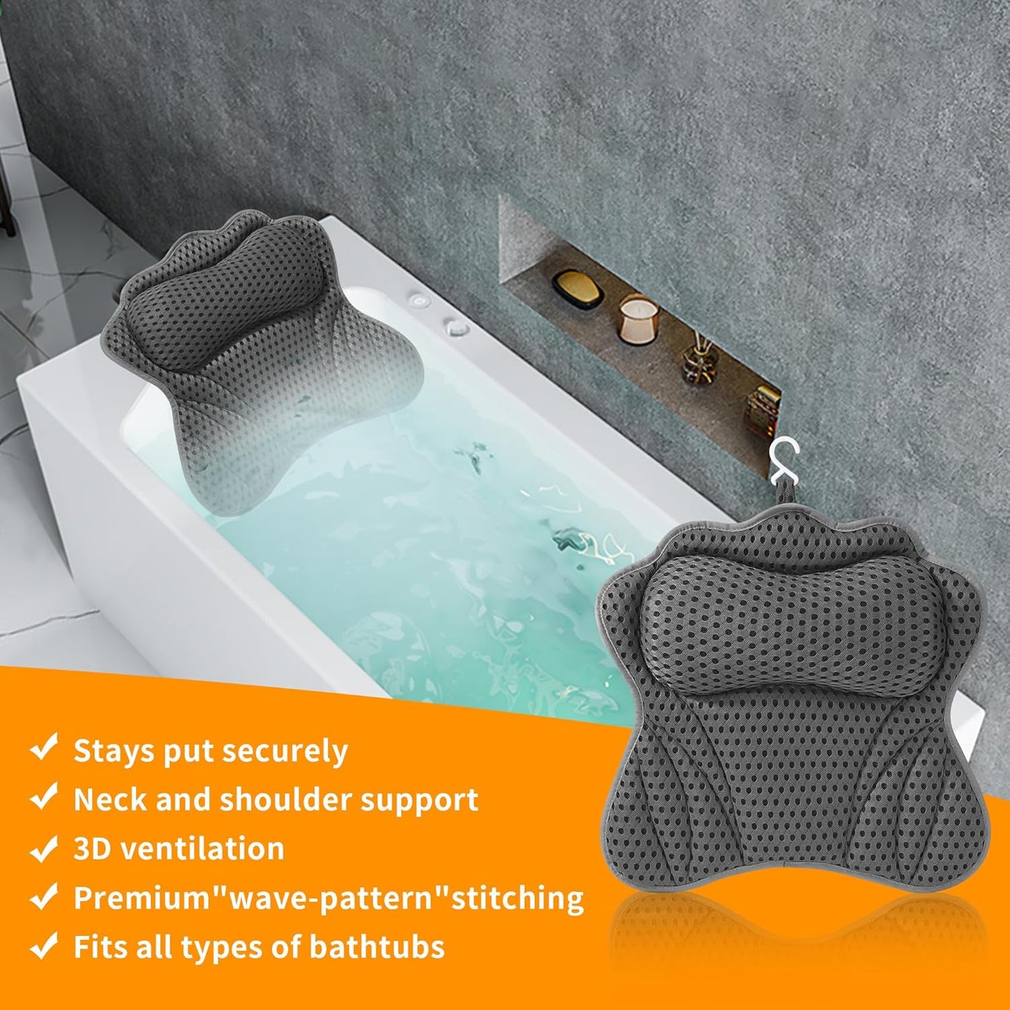Badewannenkissen mit 4D-Air-Mesh-Technologie, Grau