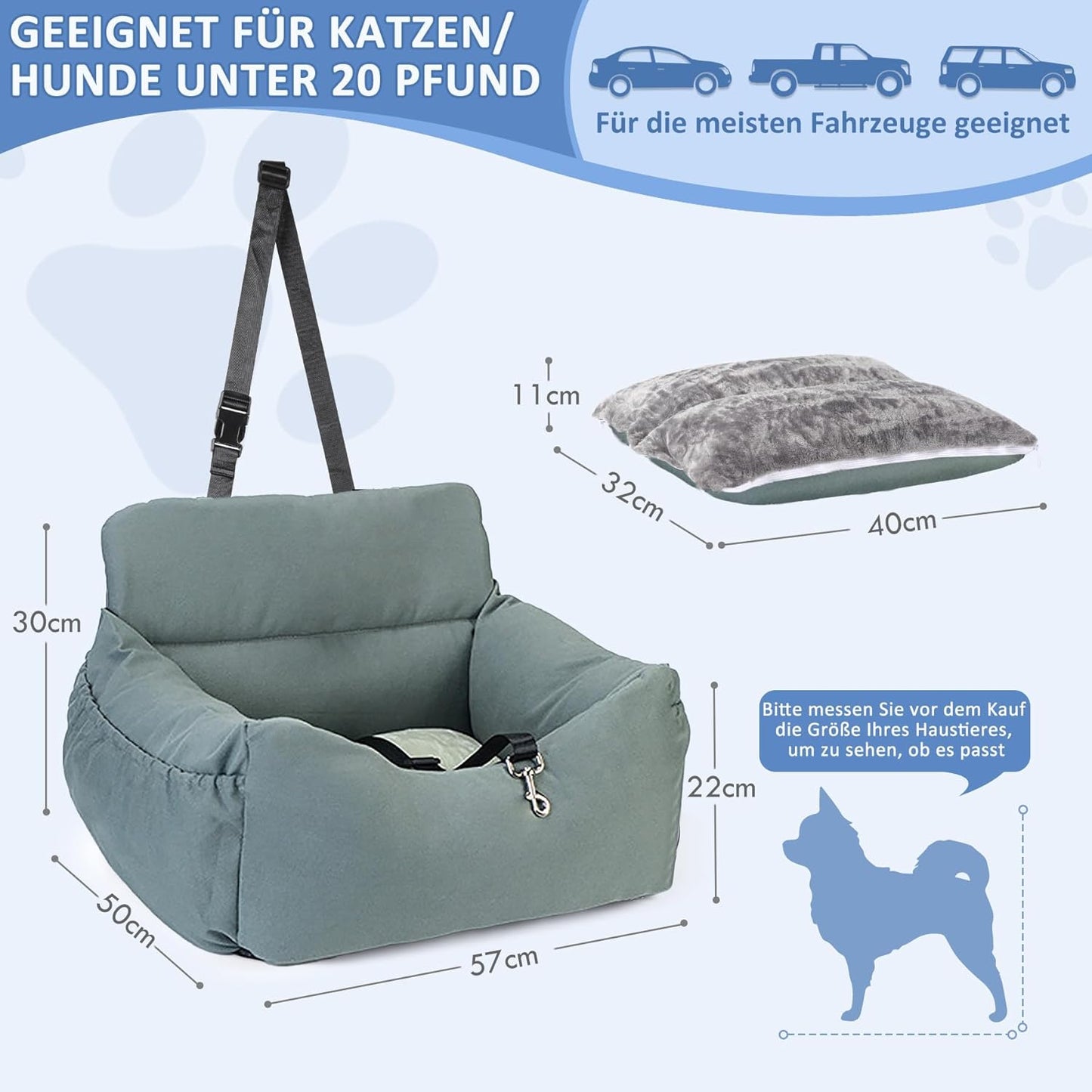 Hundeautositz mit Sicherheitsgurt, Grau-Grün