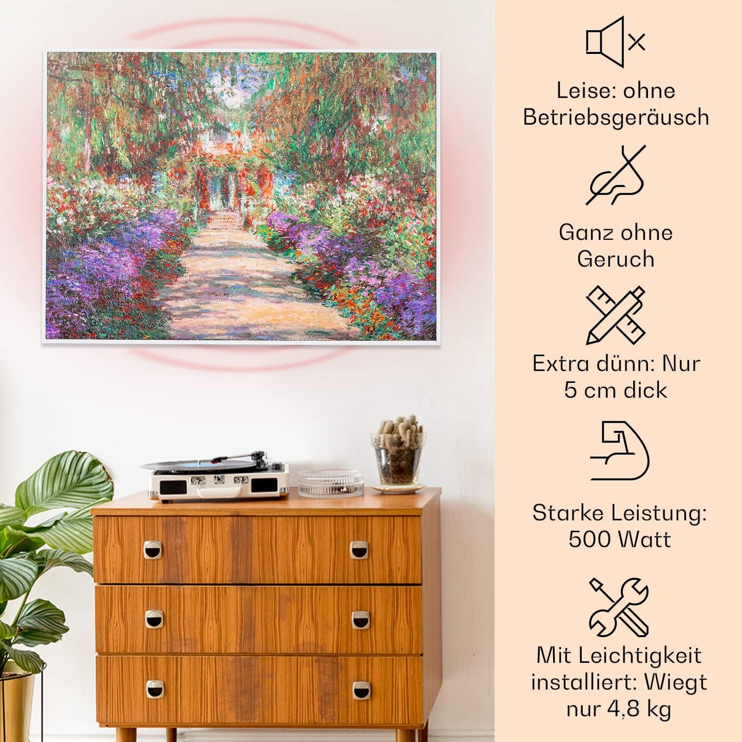 Monets Garden - Infrarotheizung mit Thermostat, 80 x 60 cm / 500W ; Monets Garten - Weiss