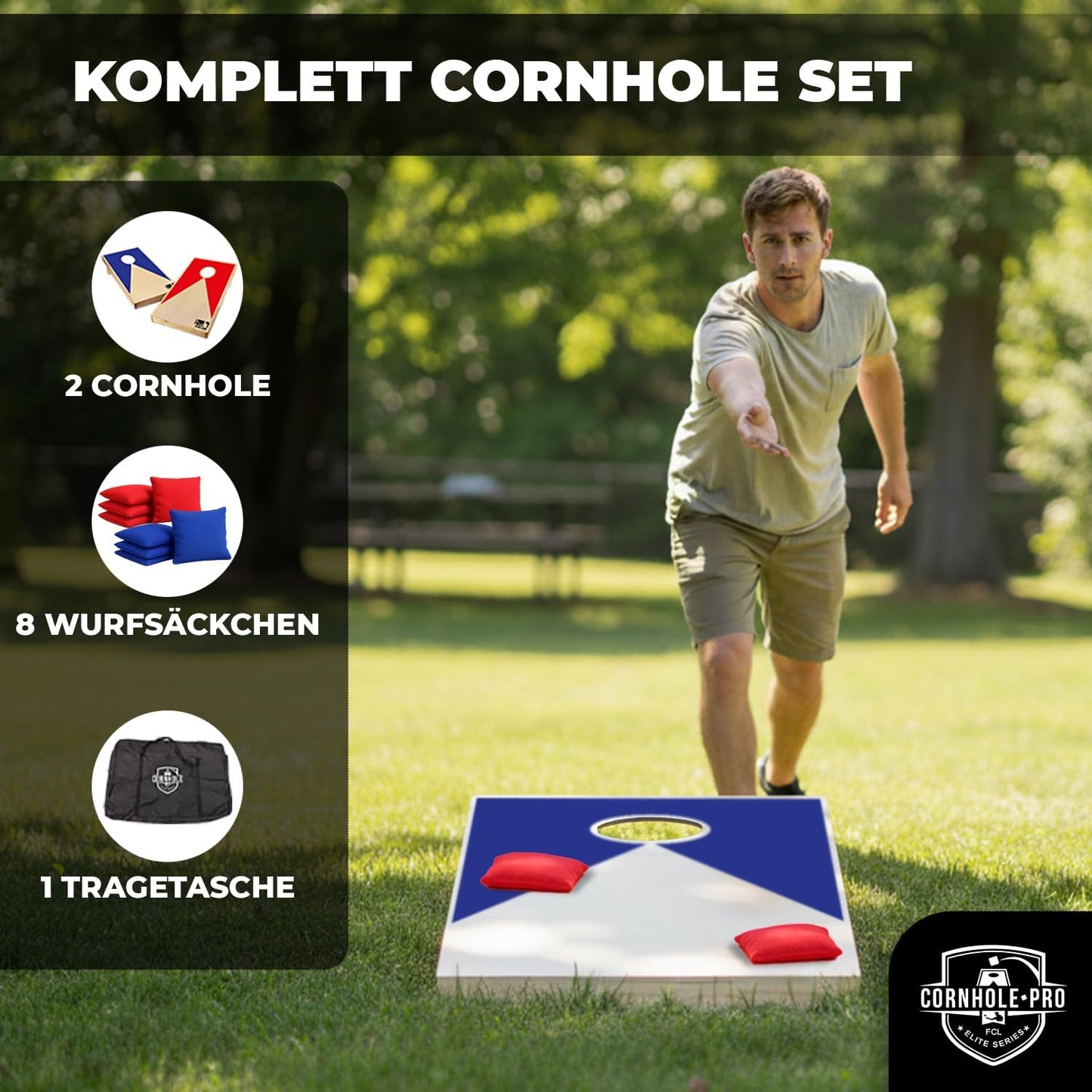 Cornhole Spielset mit 2 Boards & 8 Säckchen, Cornhole aus Holz Blau und Rot