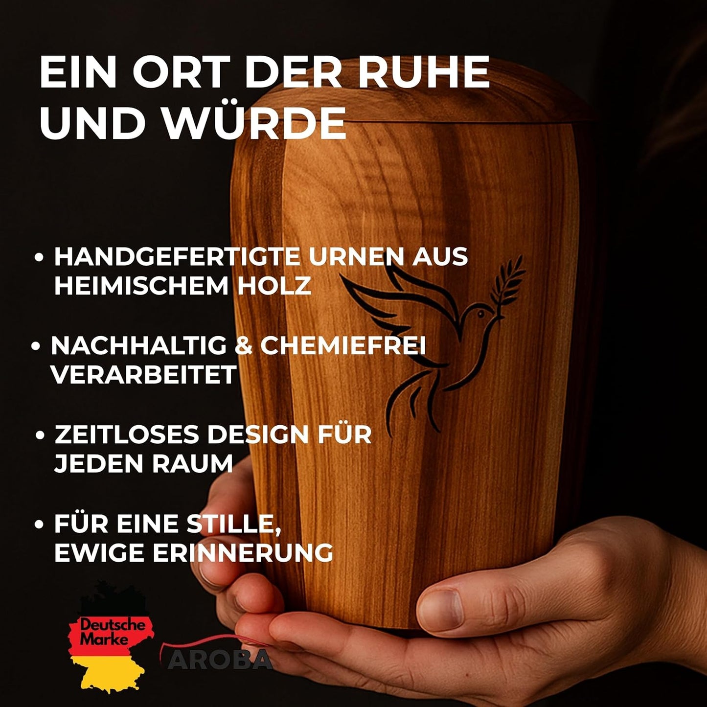 Handgefertigte Gedenkurne mit Vogelgravur, Walnuss- Taube