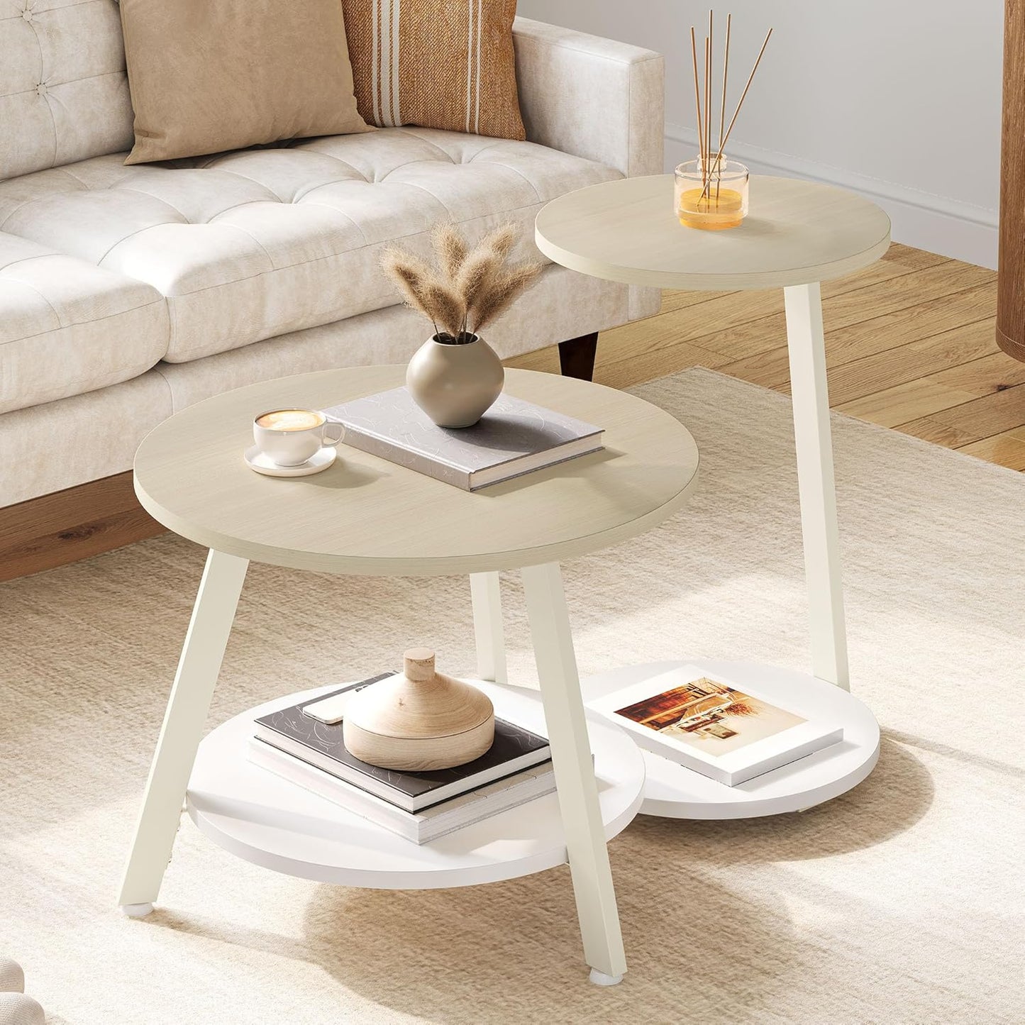 Runder Couchtisch Set mit Stauraum, 2er-Set, Eiche
