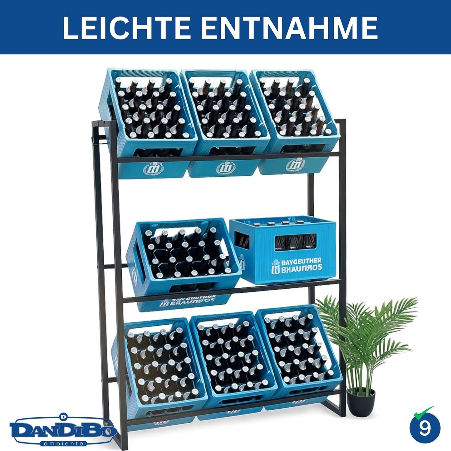 Getränkekistenregal für 9 Kisten, 9 Kisten Breite 105 cm / Hoch 137 cm
