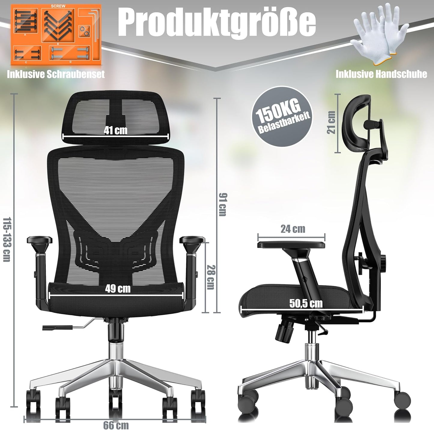 Ergonomischer Bürostuhl mit Wippfunktion, Schwarz / Silber