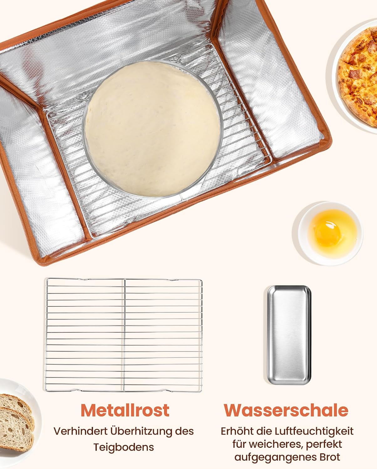 Faltbare Brot-Gärbox mit Timer und Rost, Creme Orange Beidseitige Erwärmung