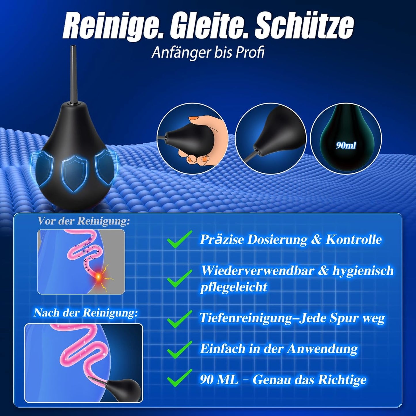5-teiliges Analplug-Set mit Analdusche, in 4 Grössen, Pechschwarz