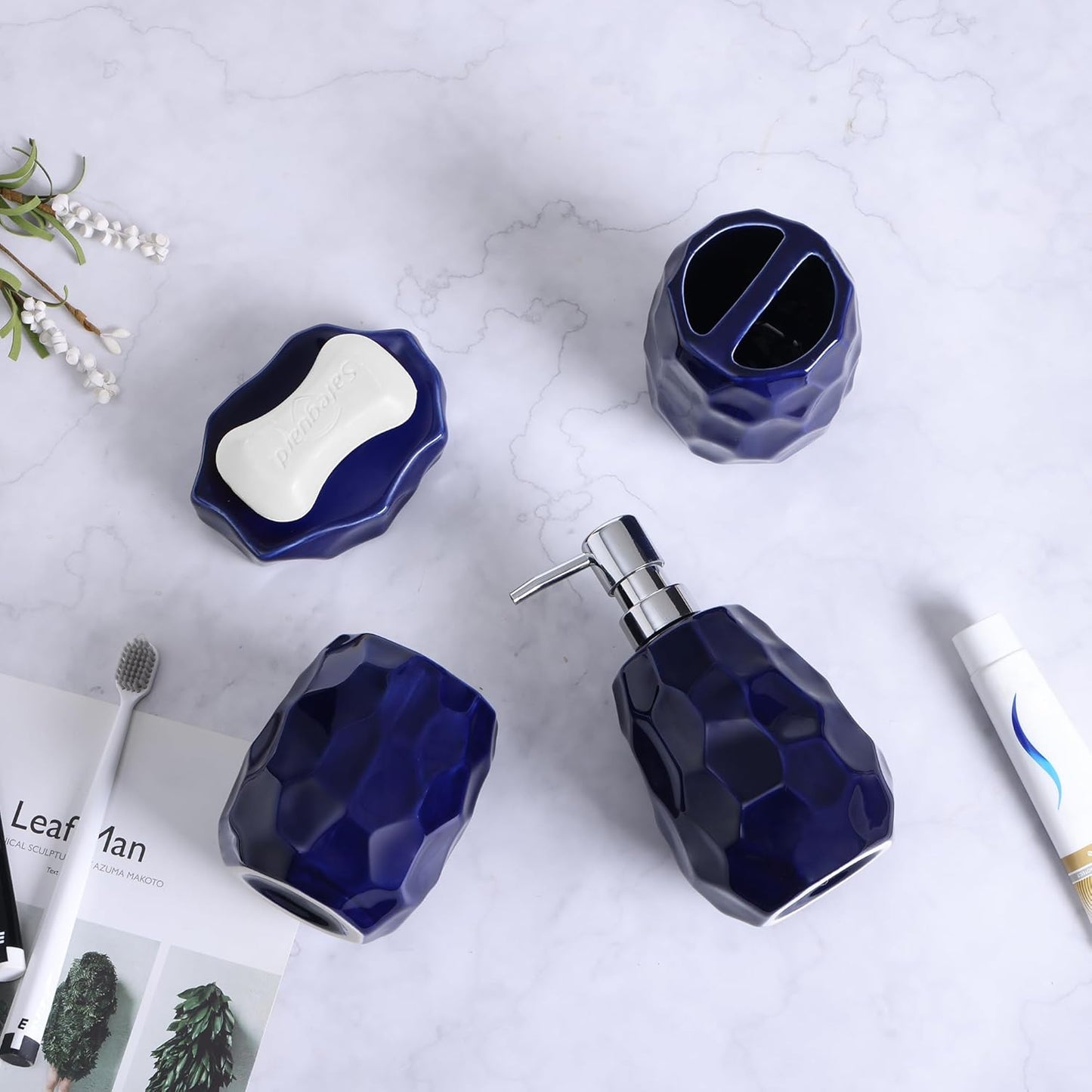 4-teiliges Badezimmer-Zubehör-Set, Dunkelblau