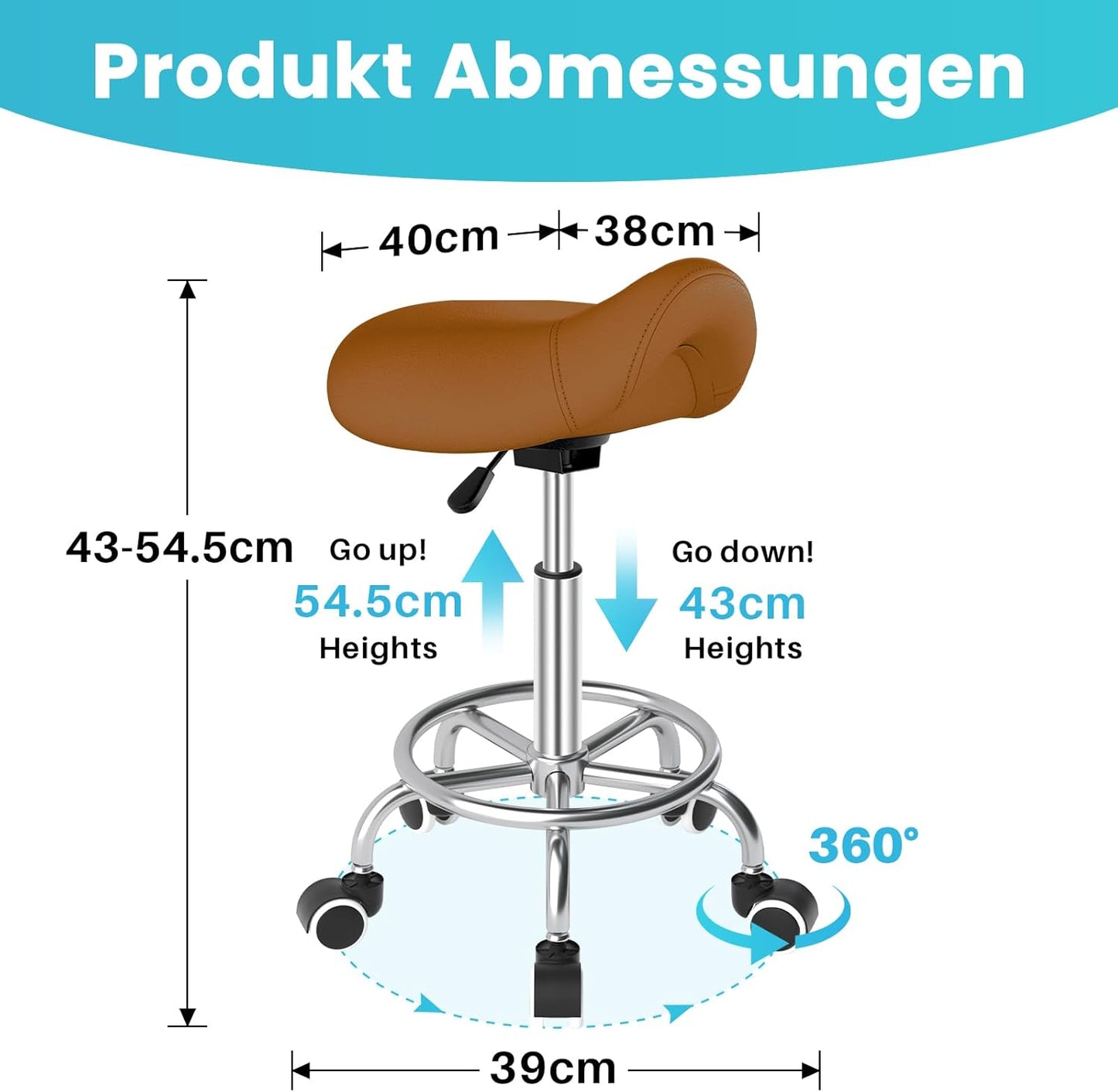 Ergonomischer Sattelhocker mit Rollen und Ringpedal, Braun