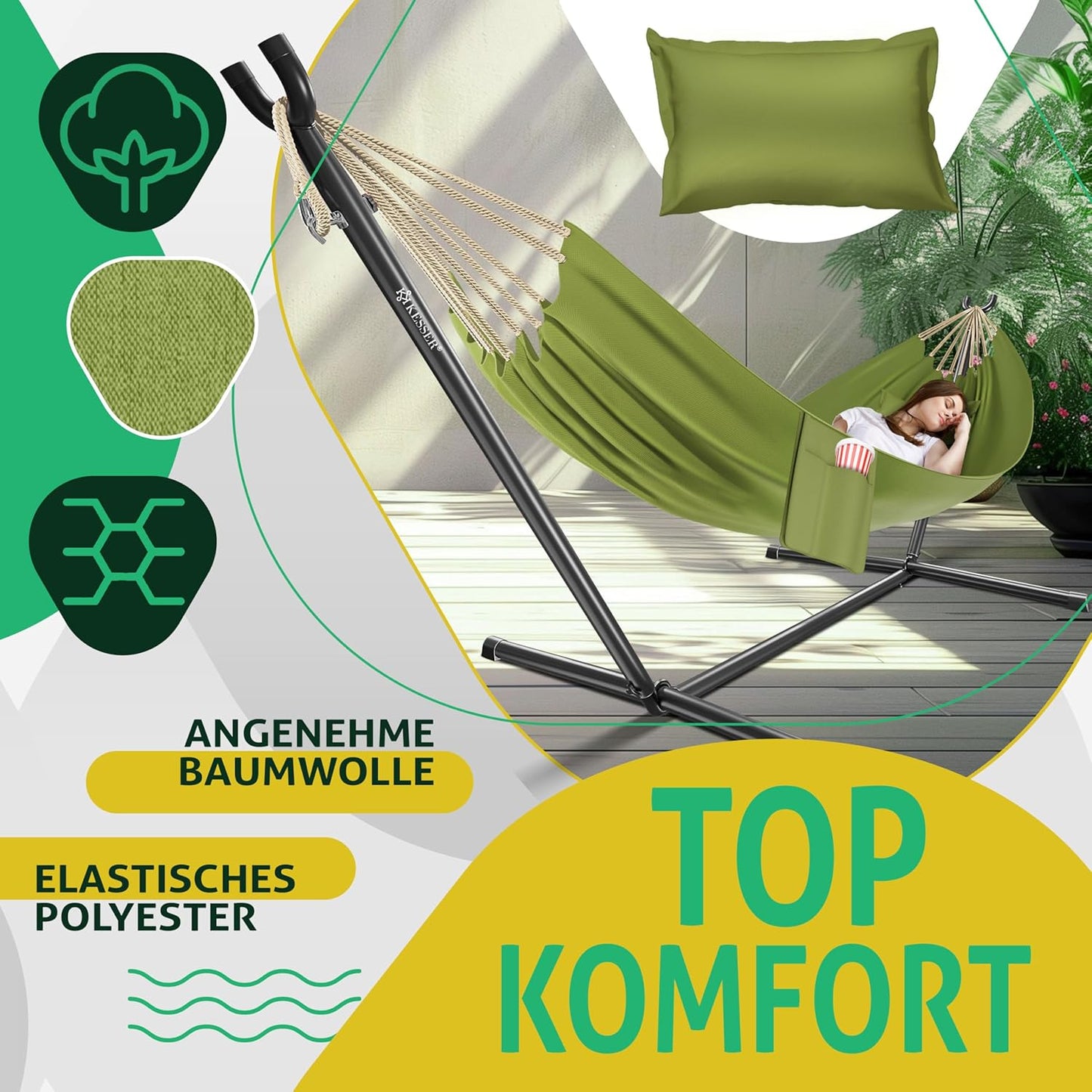 Hängematte mit Gestell für 2 Personen, Khaki