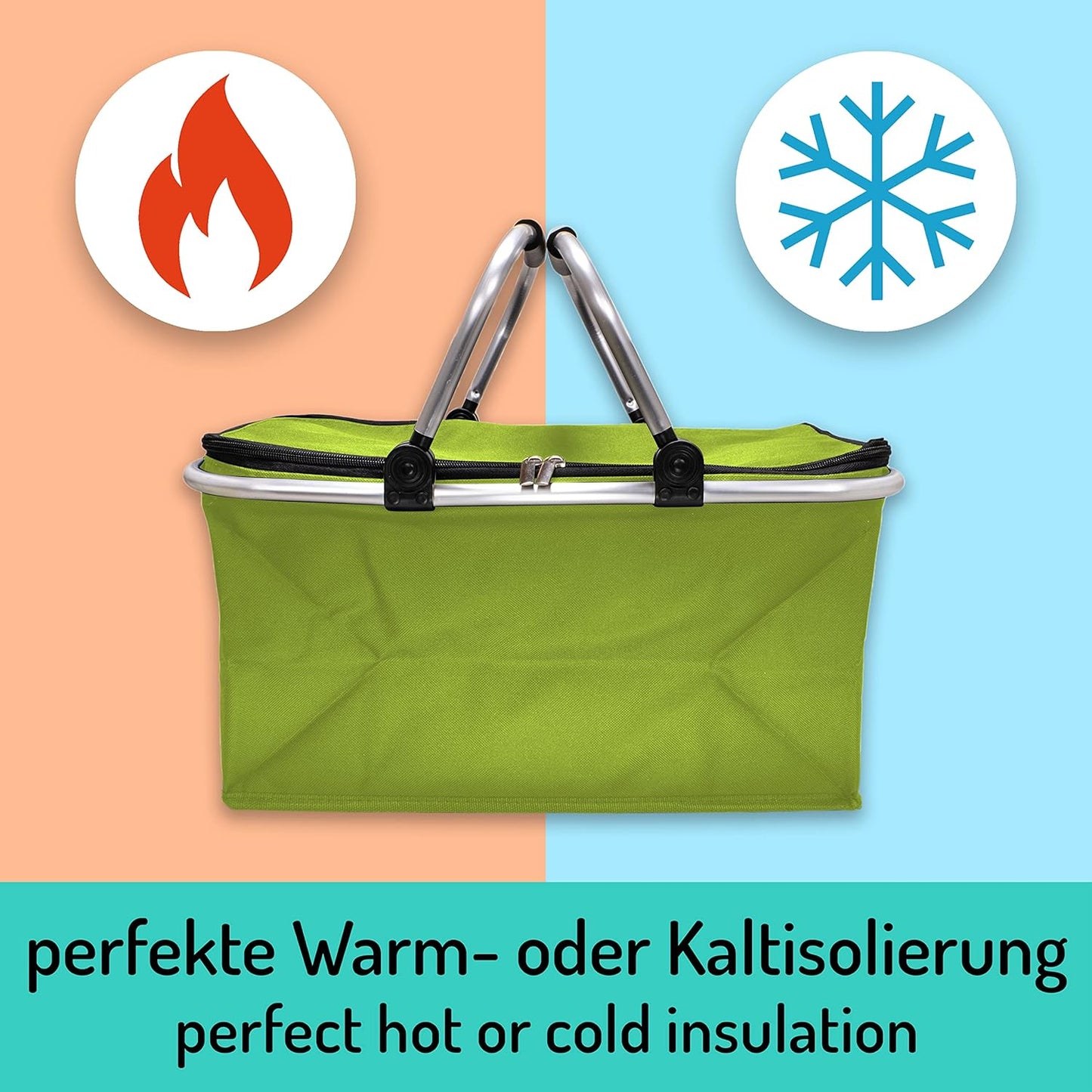 Faltbarer Isolier-Einkaufskorb mit gepolsterten Tragegriffen & Reissverschluss am Deckel, Thermo - 1x Pack Hellgrün