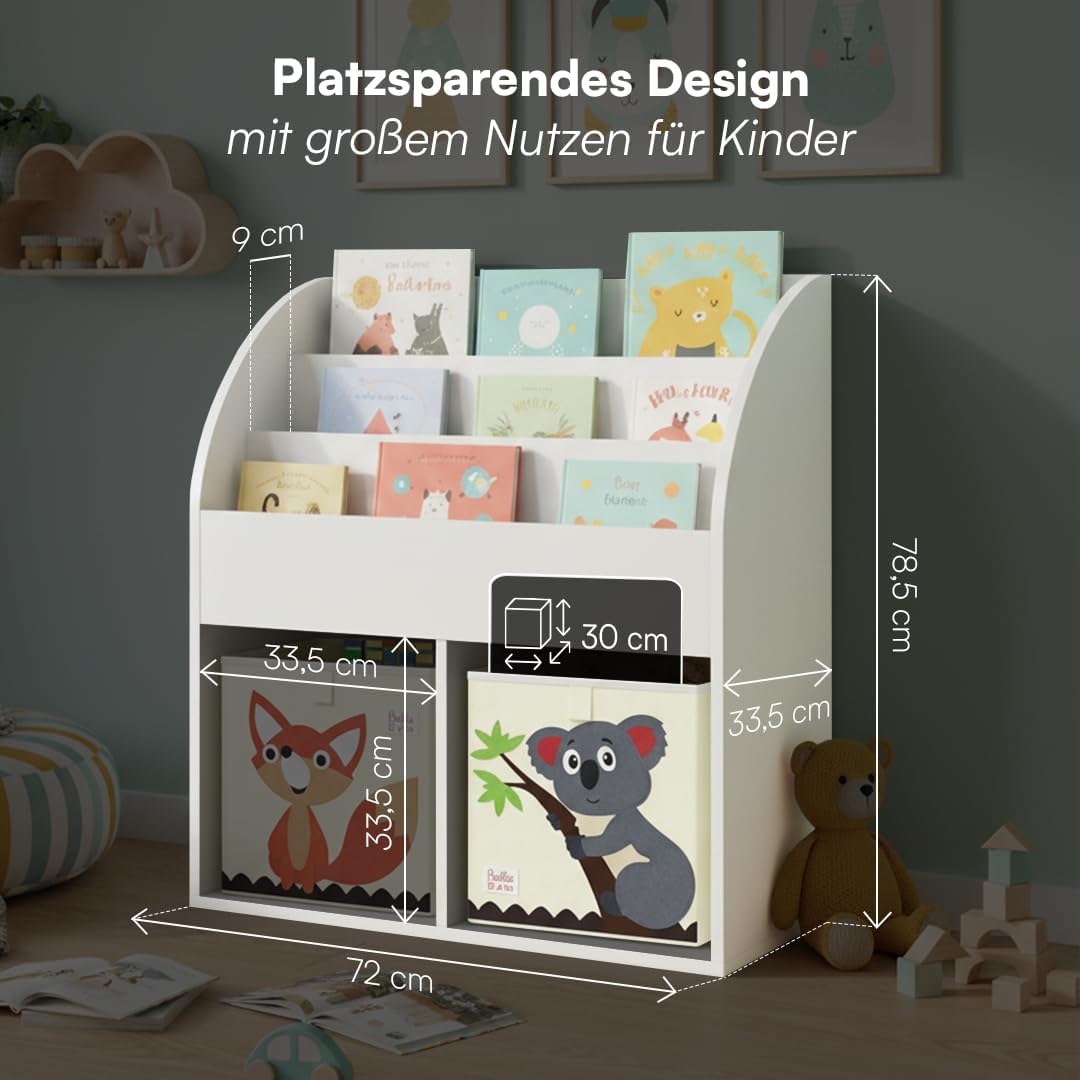 Koro Bücherregal Kinderzimmer mit 3 Fächern, 2 Faltboxen Koala/Fuchs Weiss, 2 Fächer