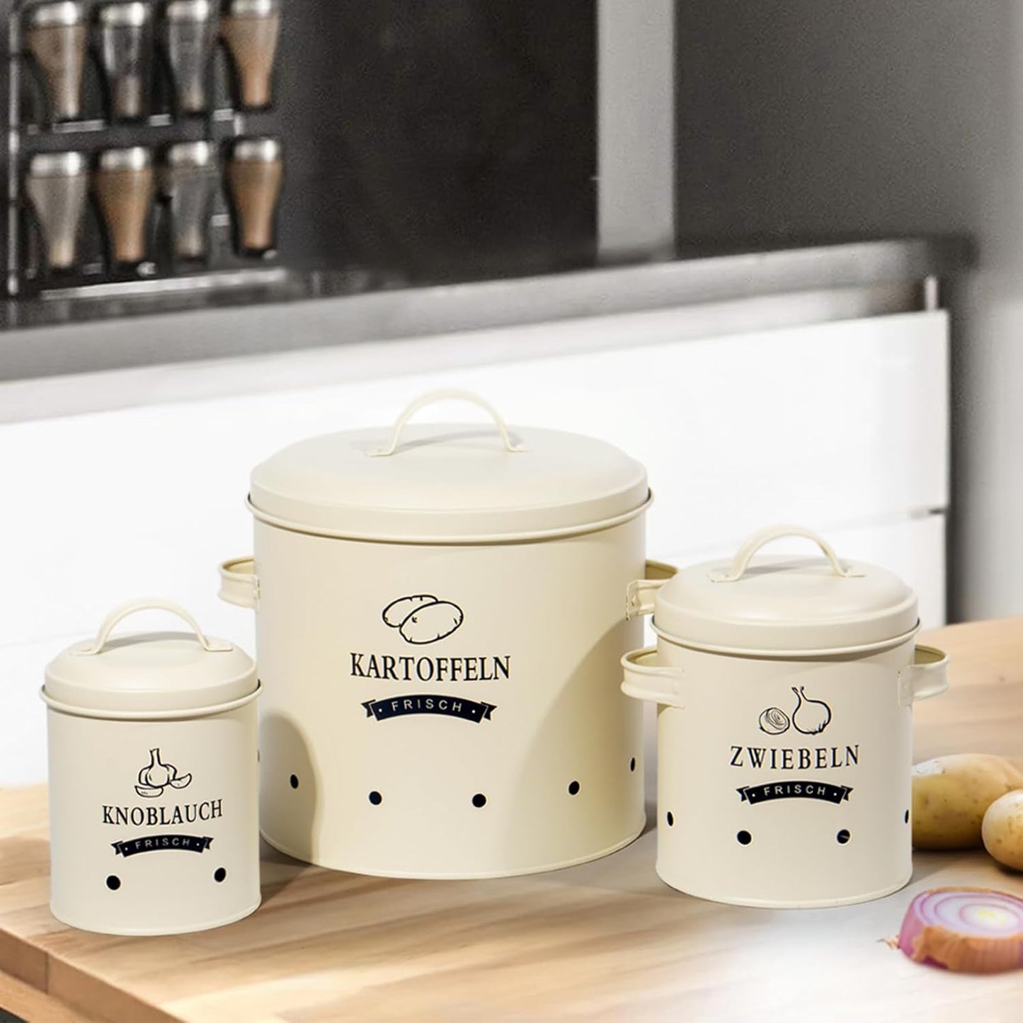 Kartoffel-, Knoblauch- und Zwiebeltopf-Set im Retro-Design, Beige